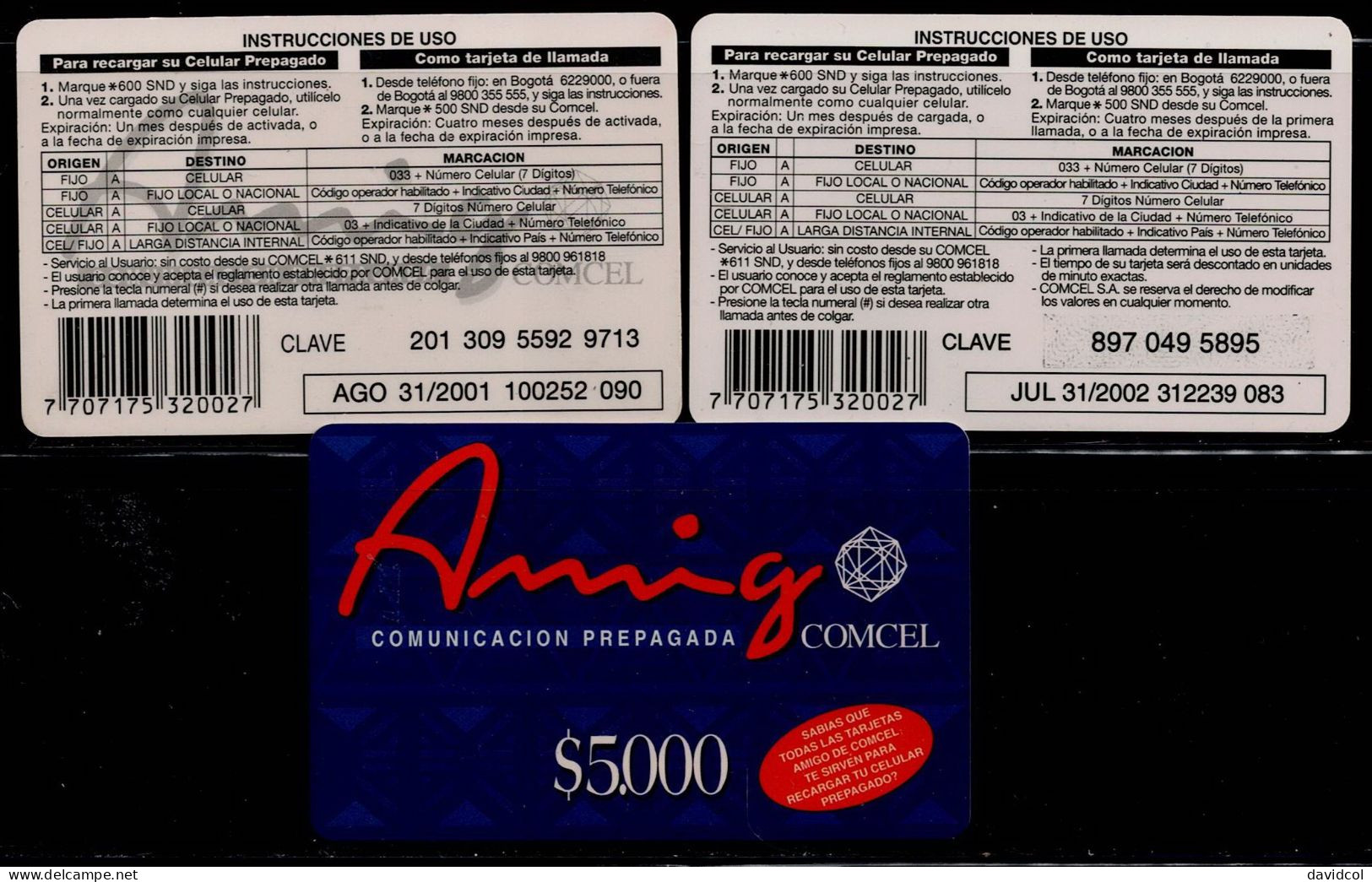 TT94-COLOMBIA PREPAID CARDS - 2001/2002 - USED - AMIGO - $ 5.000- 3 DIFFERENT - Colombie