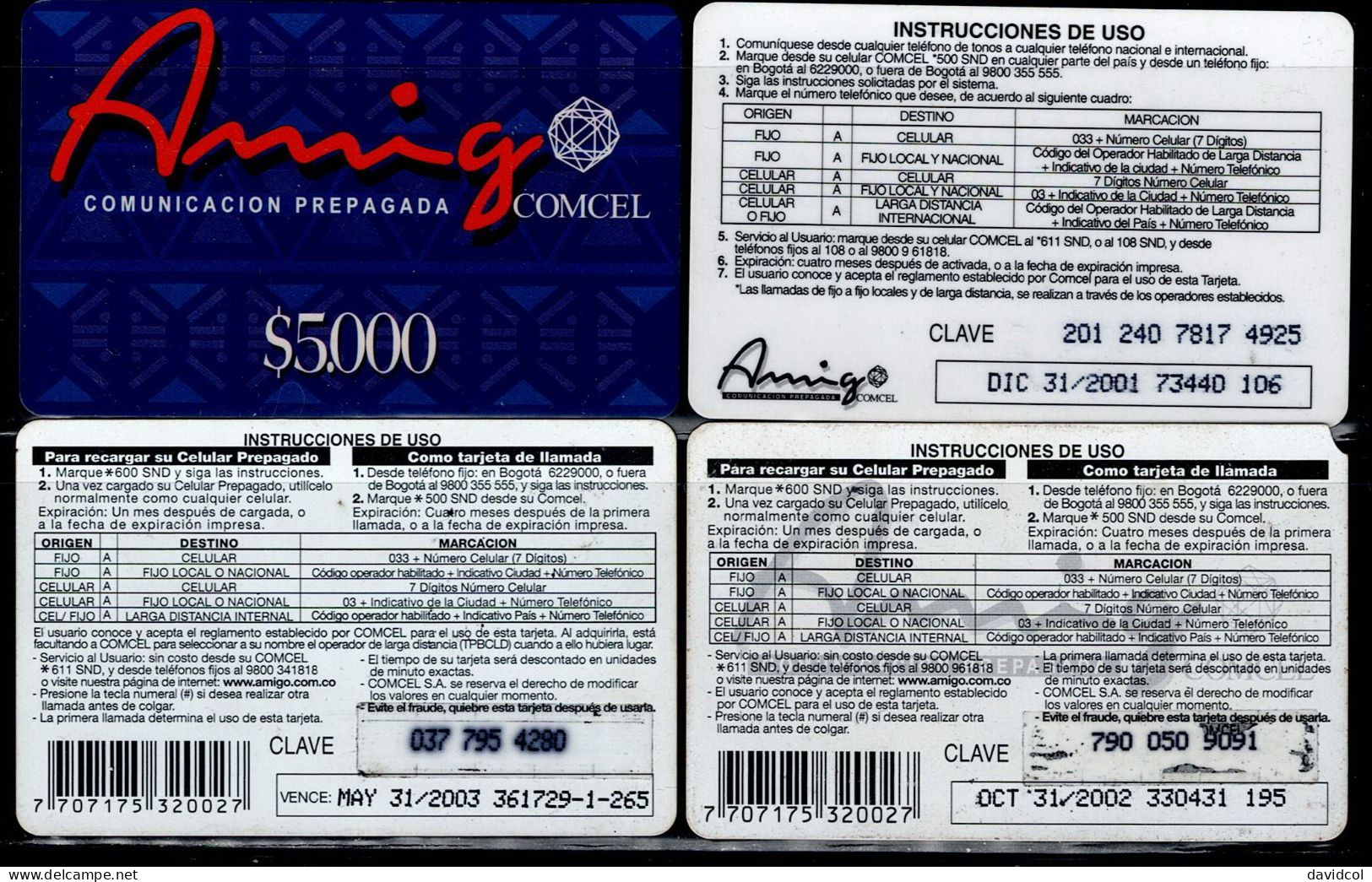 TT95-COLOMBIA PREPAID CARDS - 1999/2003 - USED - AMIGO - $ 5.000- 4 DIFFERENT - Kolumbien