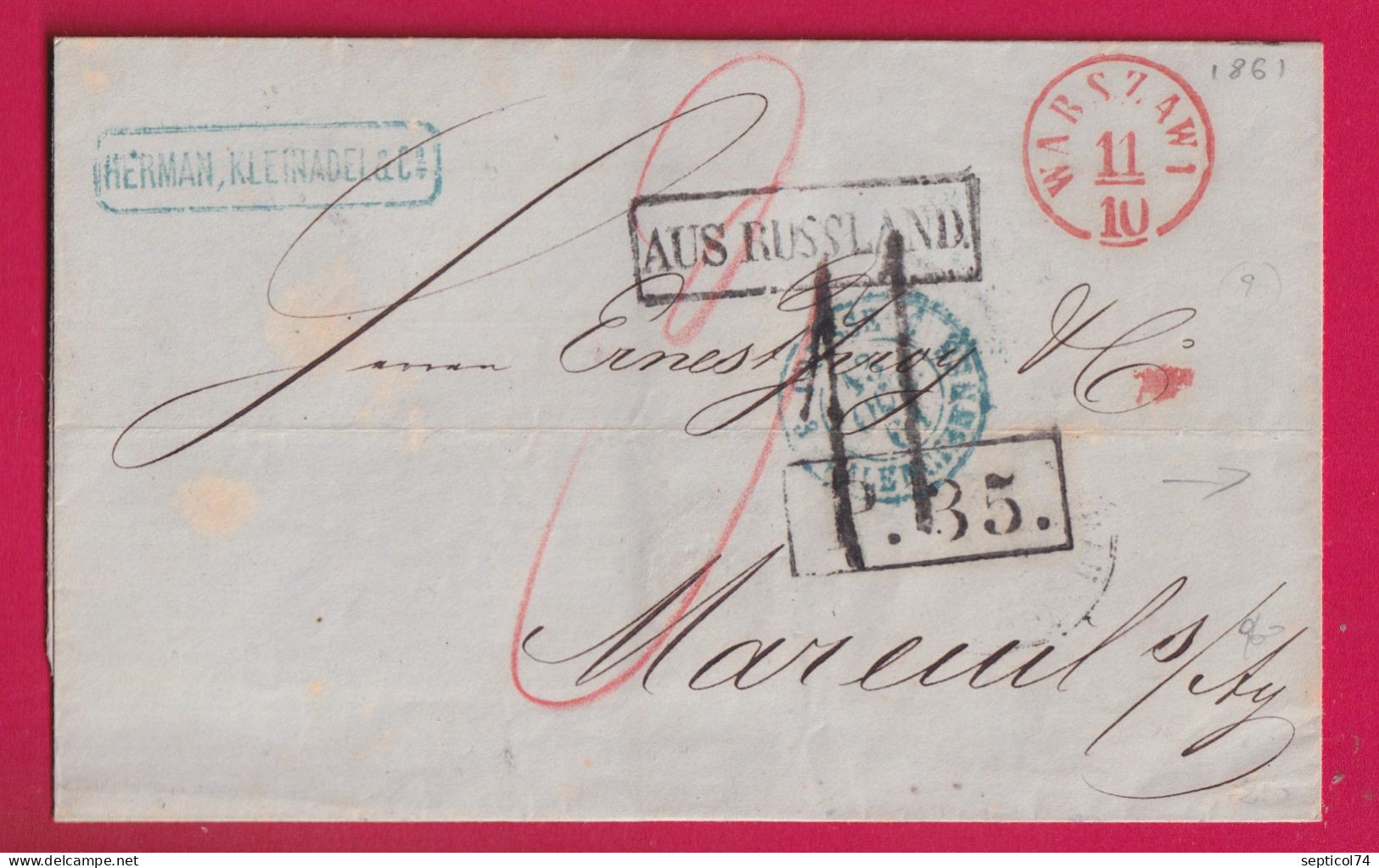 POLOGNE VARSOVIE WARSZAWI WARSCHAU 1861 AUS RUSSLAND TAXE 11 POUR MAREUIL SUR AY MARNELETTRE - ...-1860 Prephilately