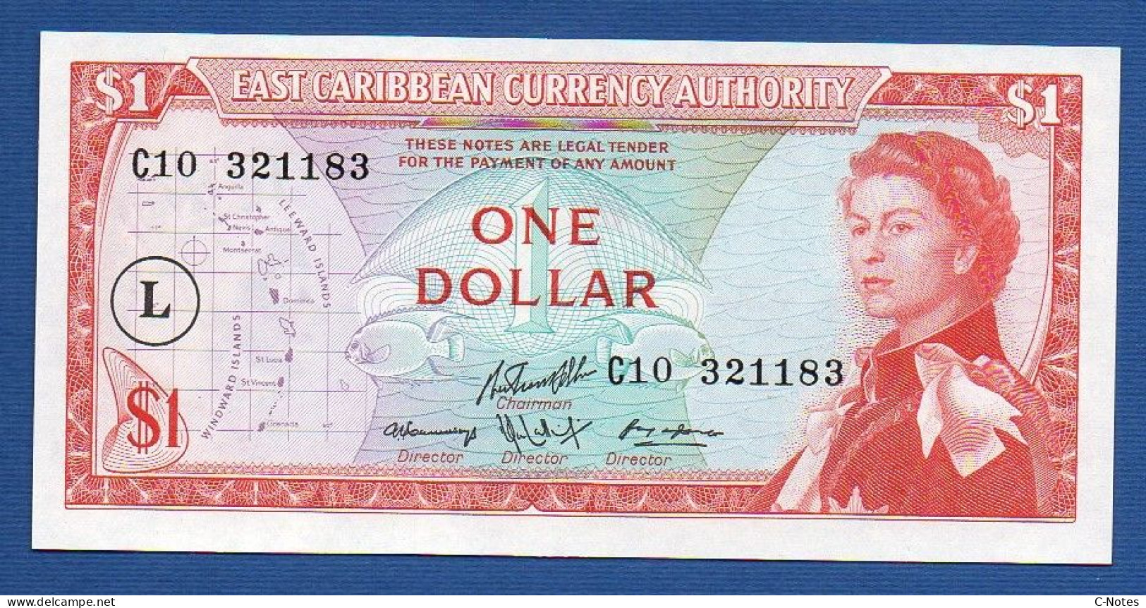 EAST CARIBBEAN STATES - St. Lucia - P.13l – 1 Dollar ND (1965) UNC, S/n C10 321183 - Ostkaribik