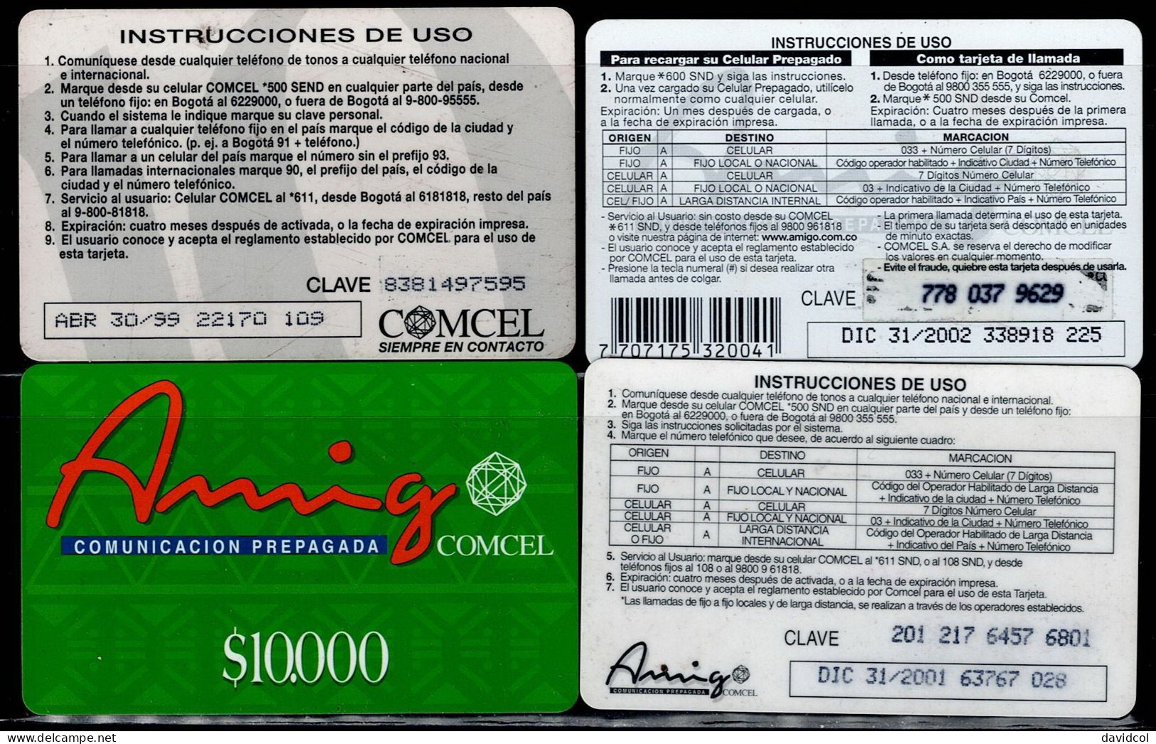 TT97-COLOMBIA PREPAID CARDS - 1999/2003 - USED - AMIGO - $ 10.000- 4 DIFFERENT - Colombia