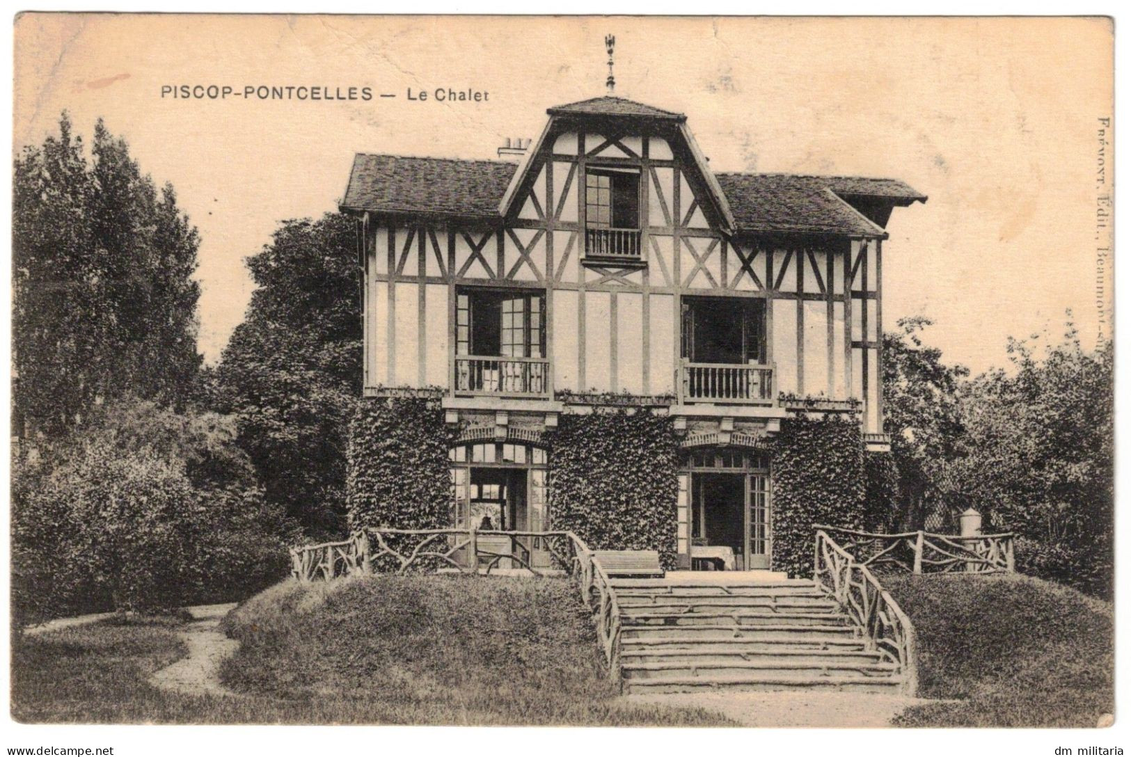 95 - TRÈS BELLE CPA : PISCOP-PONTCELLES - LE CHALET - CACHET MILITAIRE - LE COMMANDANT DU 7ème TERRITORIAL - Pontcelles