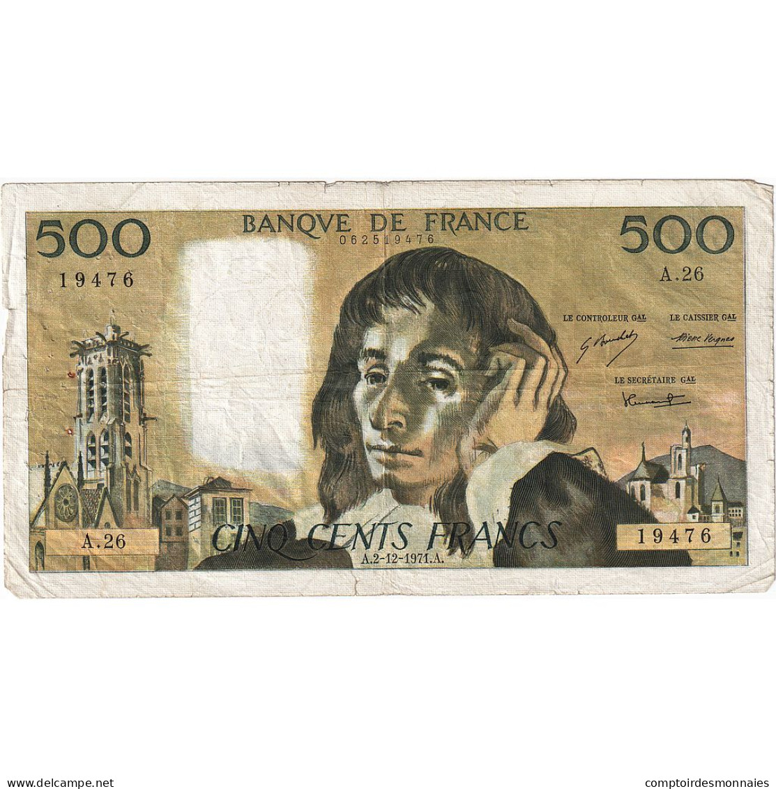 France, 500 Francs, Pascal, 1971, A.26, TB, Fayette:71.7, KM:156b - 500 F 1968-1993 ''Pascal''