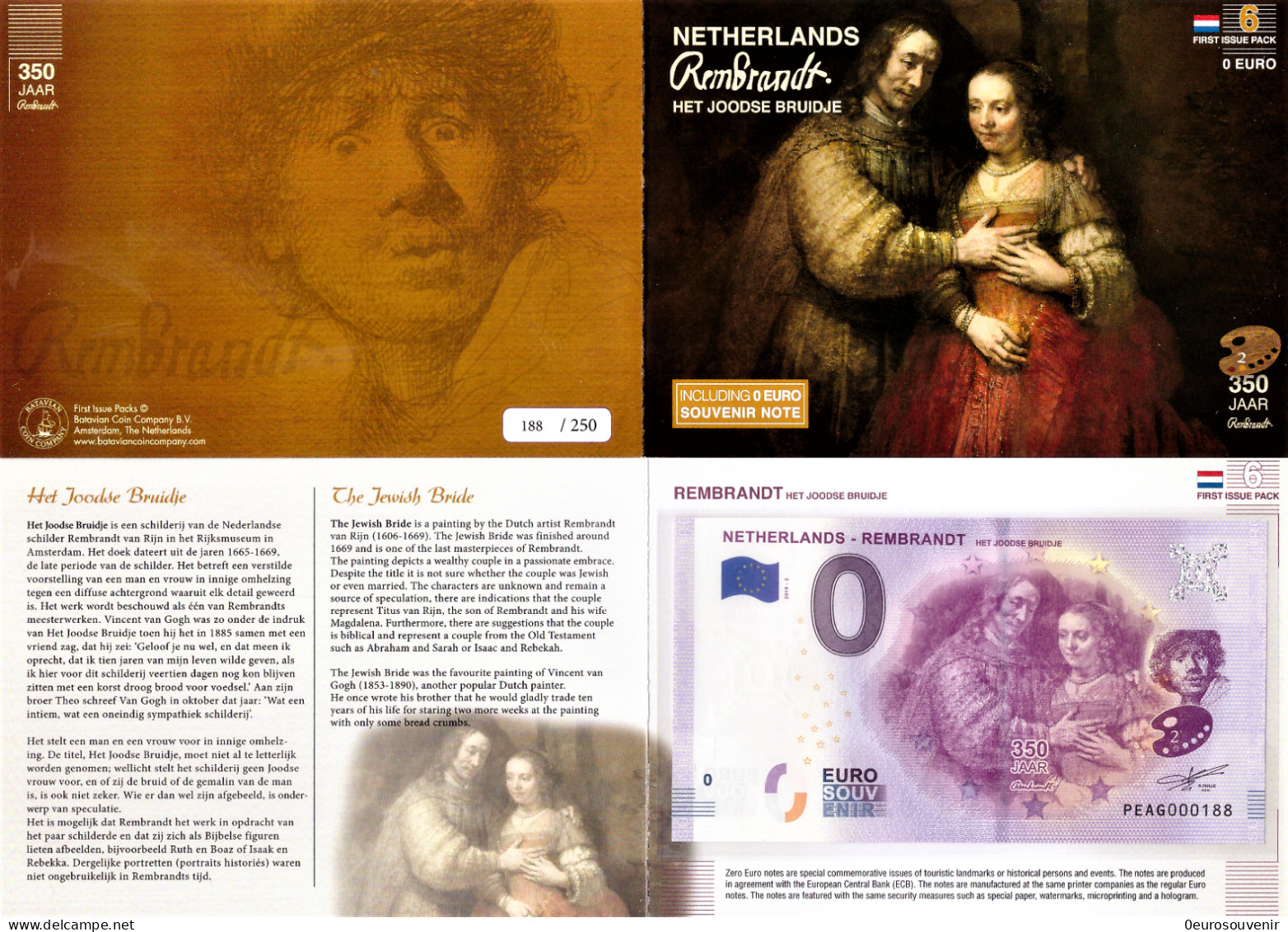 0-Euro PEAG 2019-2 NETHERLANDS - REMBRANDT - HET JOODSE BRUIDJE First Issue Pack No. Nur Bis #250 ! - Essais Privés / Non-officiels