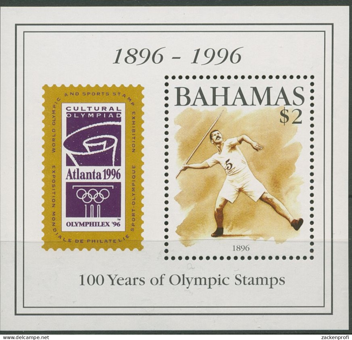 Bahamas 1996 OLYMPHILEX Atlanta Speerwerfen Block 80 Postfrisch (C94017) - Bahamas (1973-...)