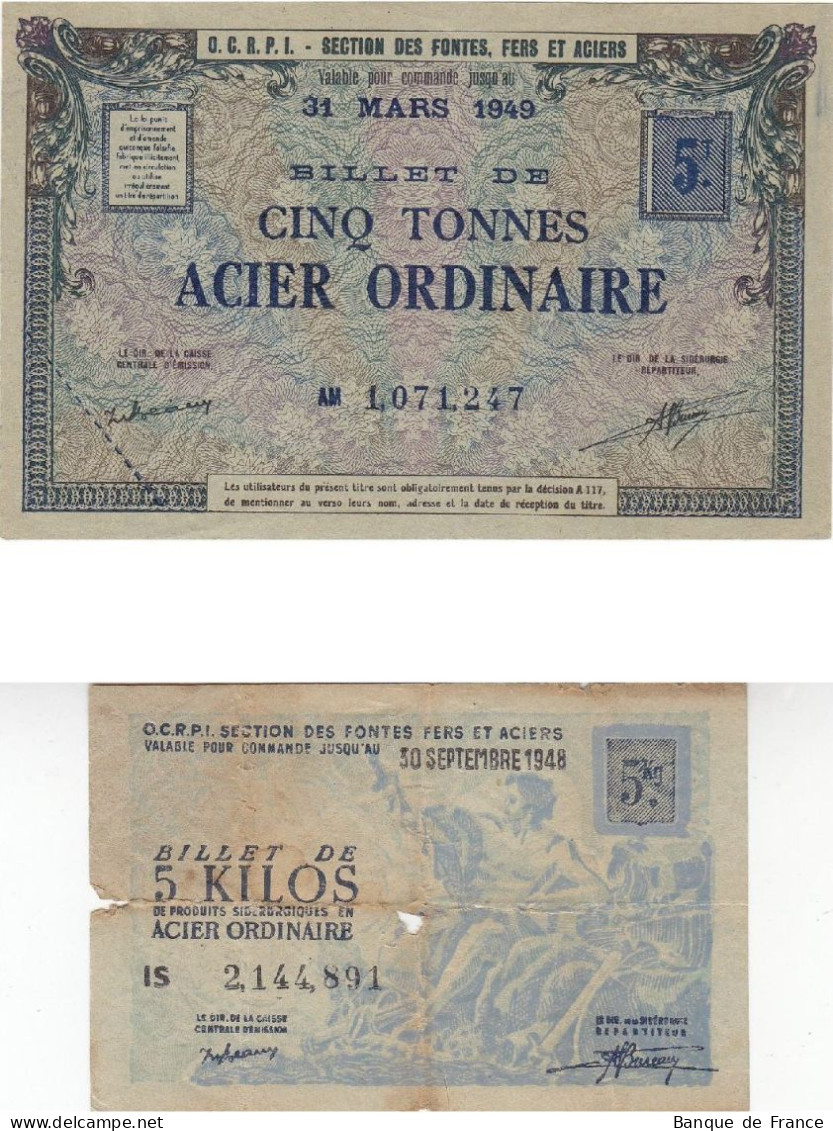 OCRPI 3 Bons 5 - 10 Kilos Et 5 Tonnes Acier Ordinaire 1948/1949 - Notgeld