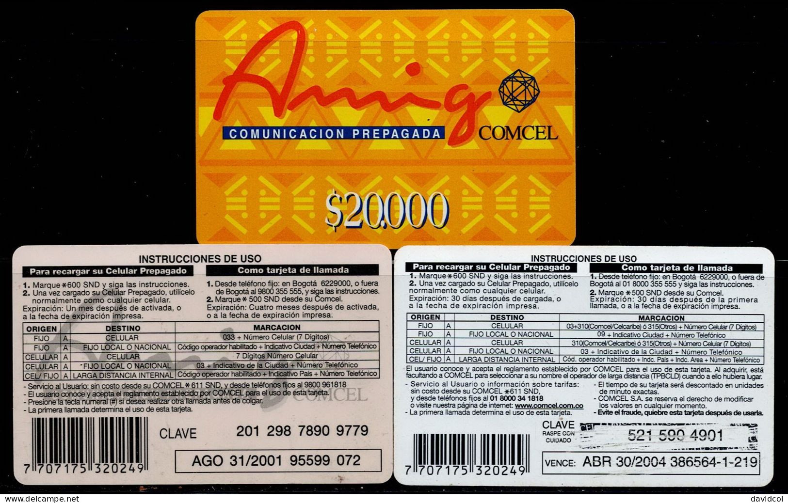 TT101-COLOMBIA PREPAID CARDS - 2001/2004- USED - AMIGO - $ 20.000- 3 DIFFERENT - Colombie