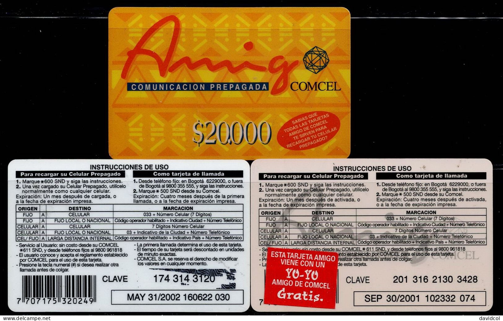 TT102-COLOMBIA PREPAID CARDS - 2001/2002- USED - AMIGO - $ 20.000- 3 DIFFERENT - Colombie