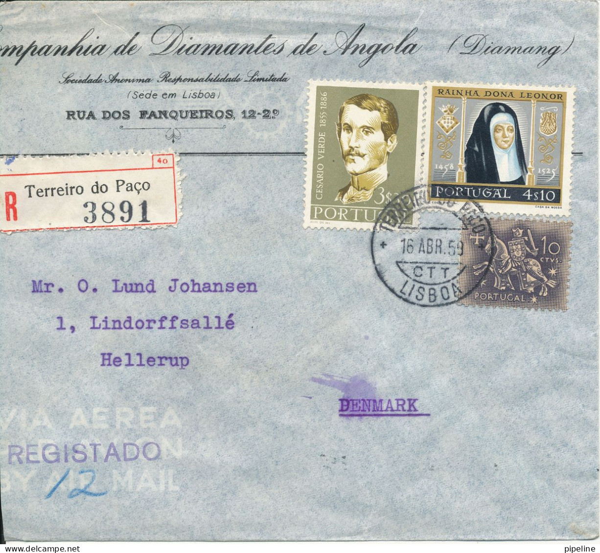 Portugal Registered Cover Sent Air Mail To Denmark 16-4-1959 Sealed On The Backside - Lettres & Documents