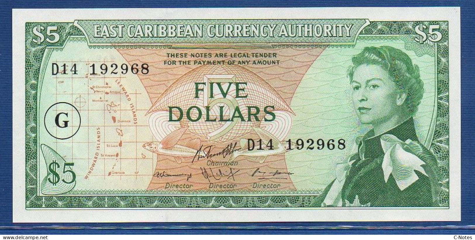 EAST CARIBBEAN STATES - Grenada - P.14k – 5 Dollars ND (1965) UNC, S/n D14 192968 - East Carribeans