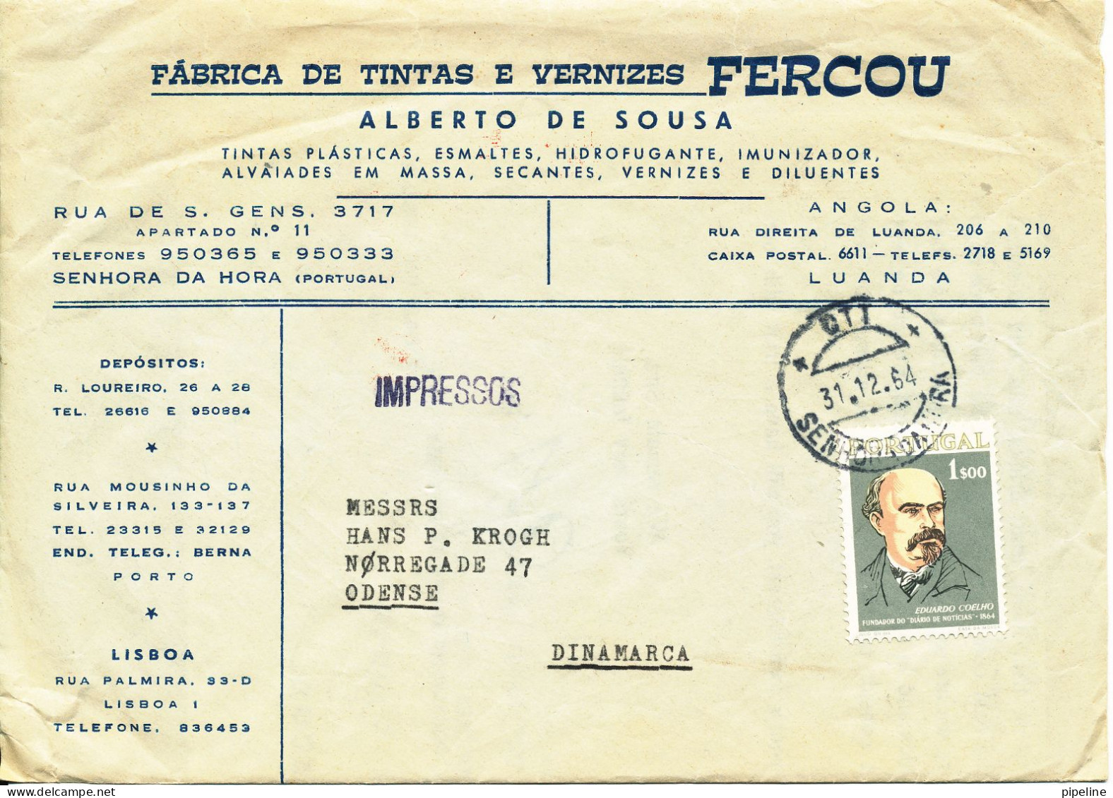 Portugal Cover Sent To Denmark 31-12-1964 Single Franked - Covers & Documents