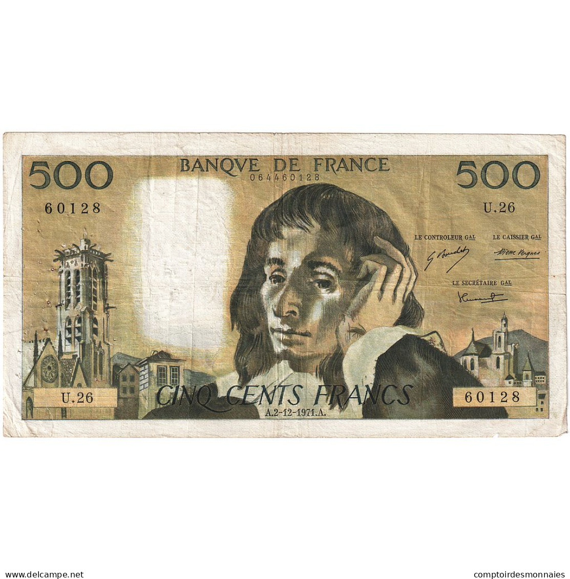 France, 500 Francs, Pascal, 1971, U.26, TB, Fayette:71.7, KM:156b - 500 F 1968-1993 ''Pascal''