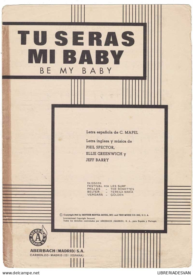 Cancionero Tu Serás Mi Baby De Phil Spector, Ellie Greenwich Y Jeff Barry - Andere & Zonder Classificatie