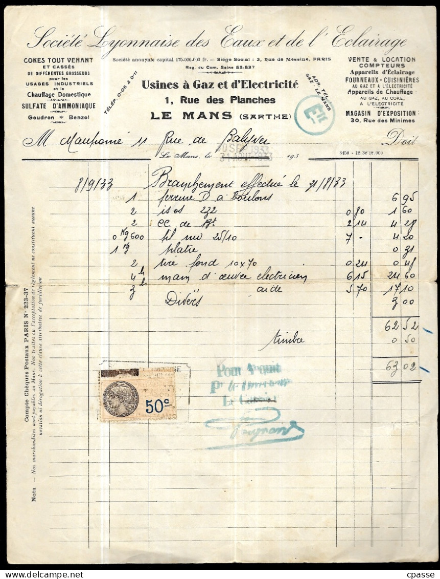 1933, Facture 72 LE MANS Rue Des Planches - Usines à GAZ Et D'ELECTRICITE "Société Lyonnaise Des Eaux Et De L'Eclairage" - Elektriciteit En Gas