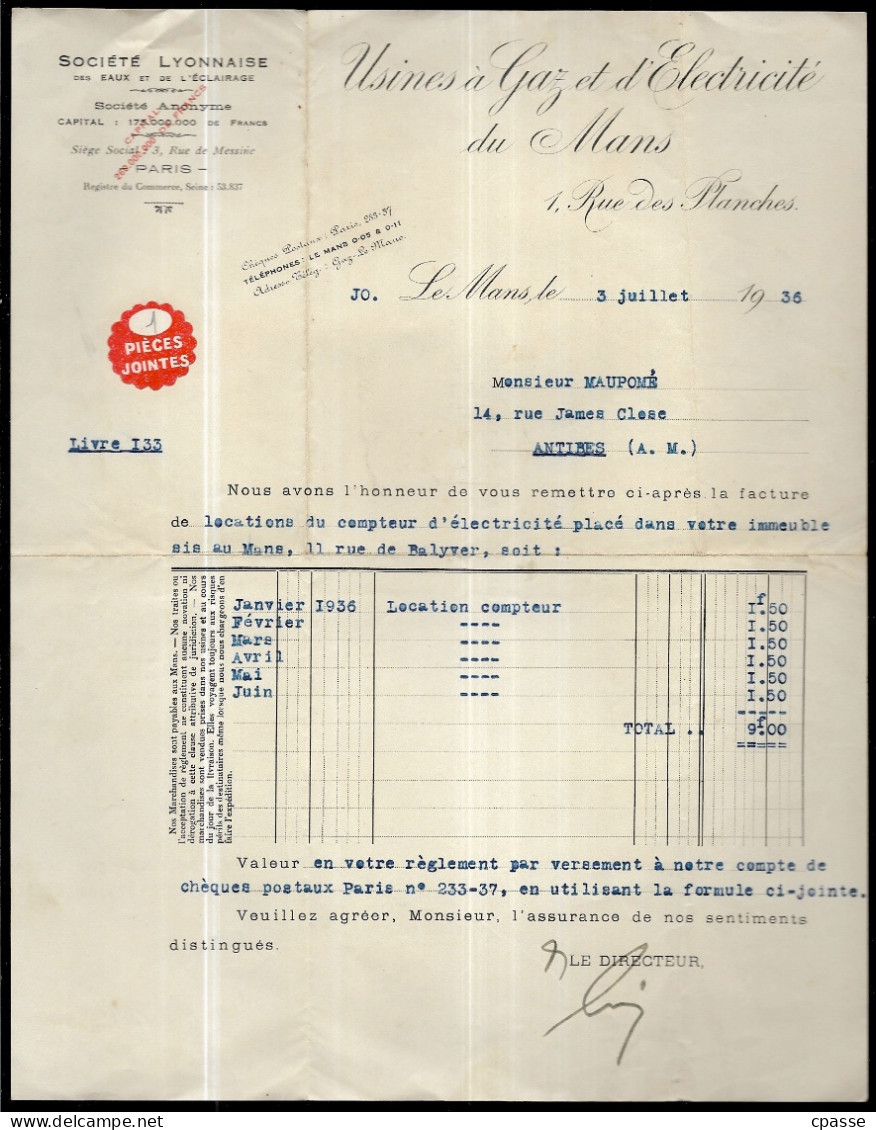 1936, Facture 72 LE MANS Rue Des Planches - Usines à GAZ Et D'ELECTRICITE "Société Lyonnaise Des Eaux Et De L'Eclairage" - Electricity & Gas