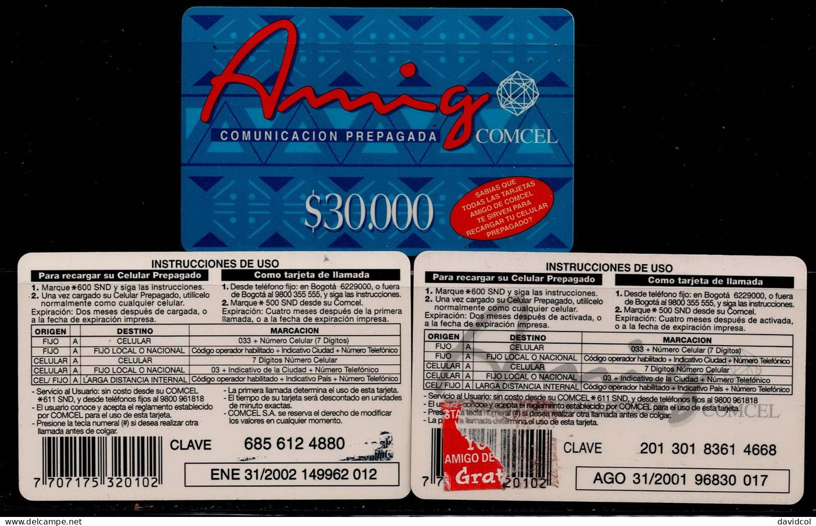 TT105-COLOMBIA PREPAID CARDS - 2001/2002- USED - AMIGO - $ 30.000- 3 DIFFERENT - Kolumbien