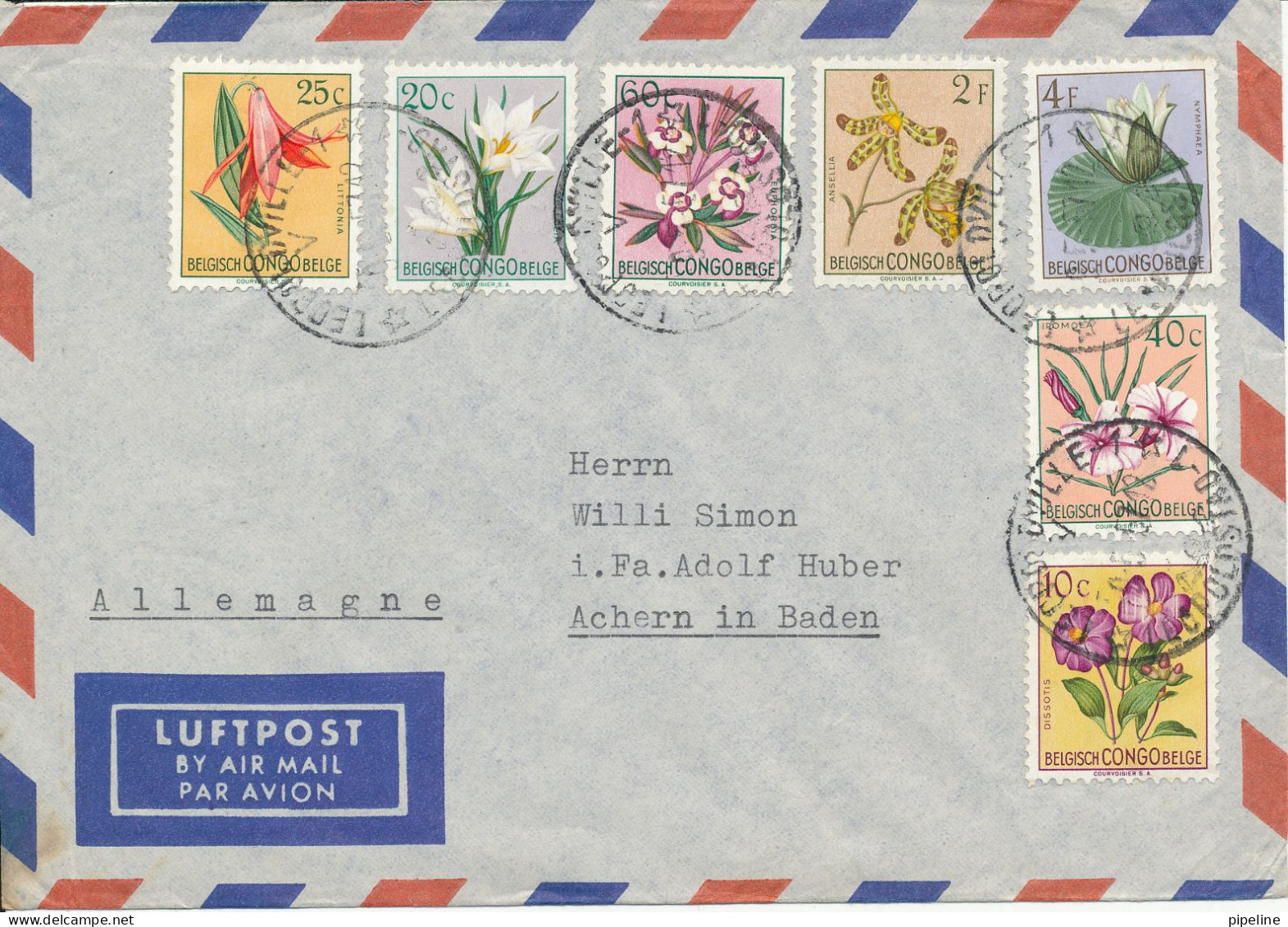 Belgian Congo Air Mail Cover Sent To Germany Leopoldville 29-5-1957 Good Franked FLOWER Stamps - Covers & Documents