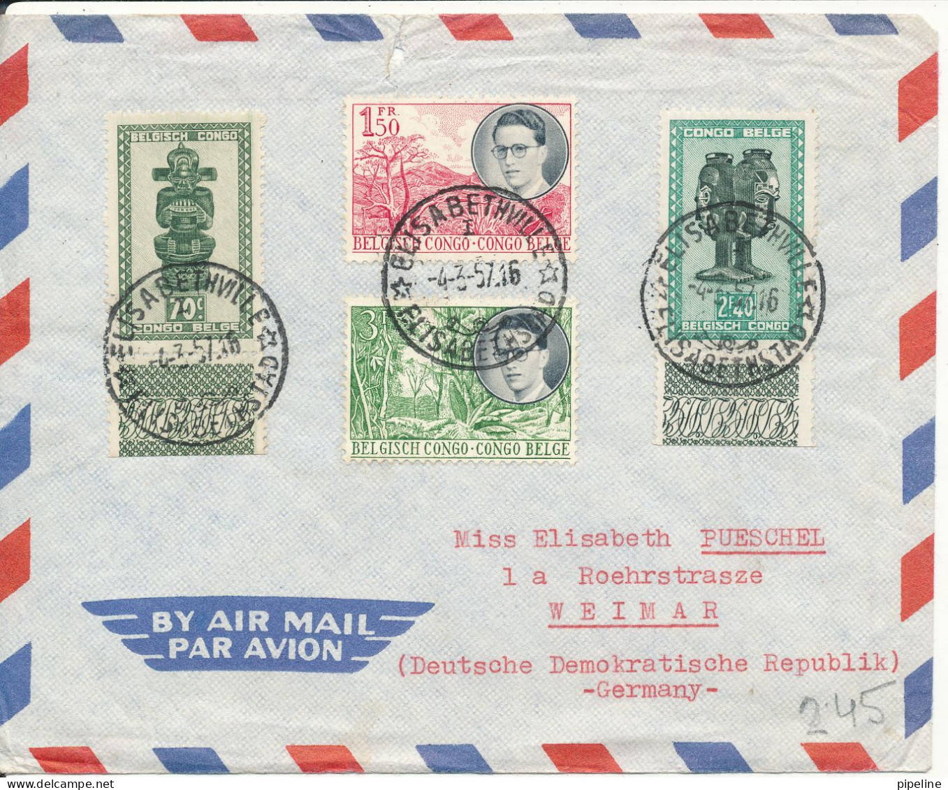 Belgian Congo Elisabethhville Air Mail Cover Sent To DDR 4-3-1957 Topic Stamps A Tear At The Top Of The Cover - Storia Postale