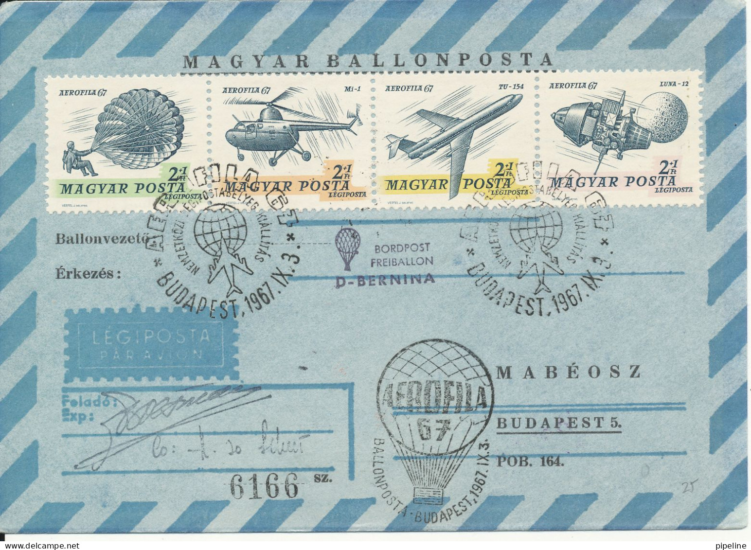 Hungary Ballonpost Air Mail Cover Budapest 3-9-1967 Aerofila 1967 Complete Set Of 4 Very Nice Cover - Covers & Documents