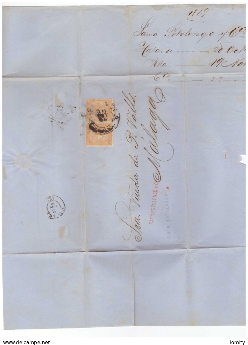 Lettre Cuba 1869 Paire Attachée  De Sama Sotolongo à Malaga - Cuba (1874-1898)