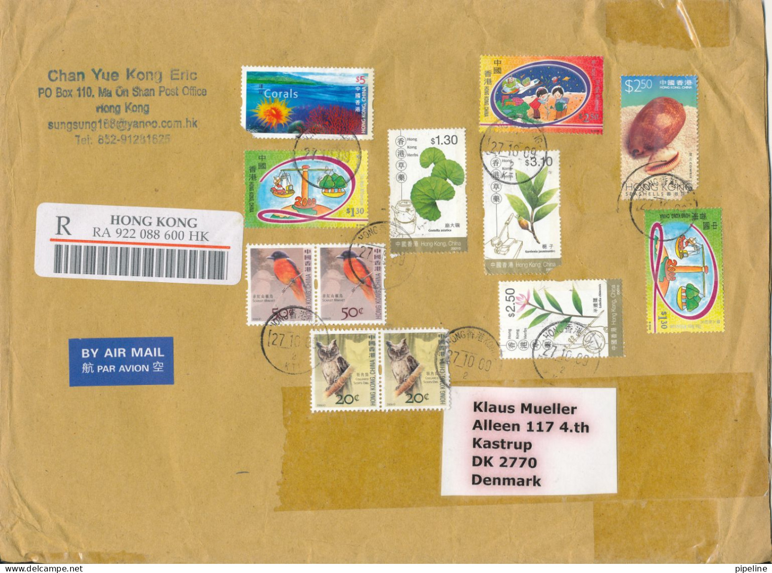 Hong Kong Registered Cover Sent Air Mail To Denmark 27-10-2009 Topic Stamps Big Size Cover 2 Stamps Are Damaged - Brieven En Documenten
