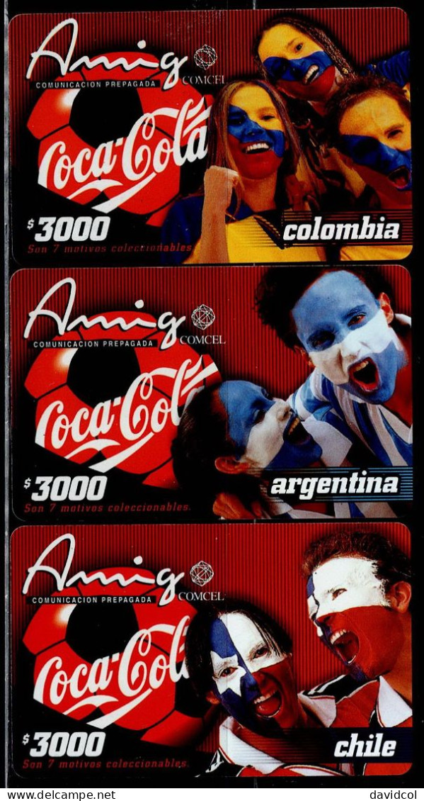 TT116-COLOMBIA PREPAID CARDS - 2002 - USED - AMIGO - $3.000 - COCA COLA - SOCCER TEAMS COLOMBIA, CHILE, ARGENTINA - Kolumbien