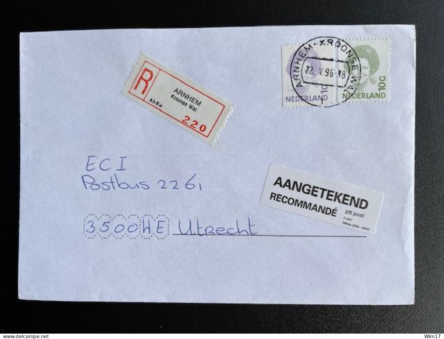 NETHERLANDS 1996 REGISTERED LETTER ARNHEM KROONSE WAL TO UTRECHT 22-05-1996 NEDERLAND AANGETEKEND - Briefe U. Dokumente