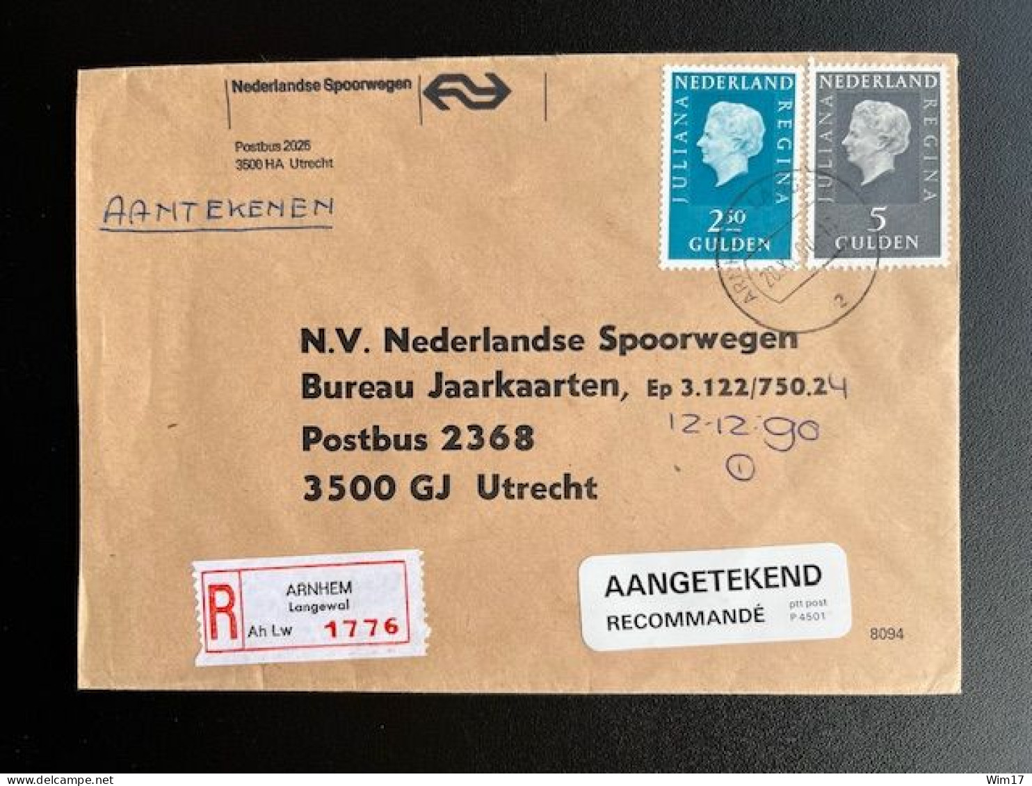 NETHERLANDS 1990 REGISTERED LETTER ARNHEM LANGEWAL TO UTRECHT 28-12-1990 NEDERLAND AANGETEKEND - Cartas & Documentos