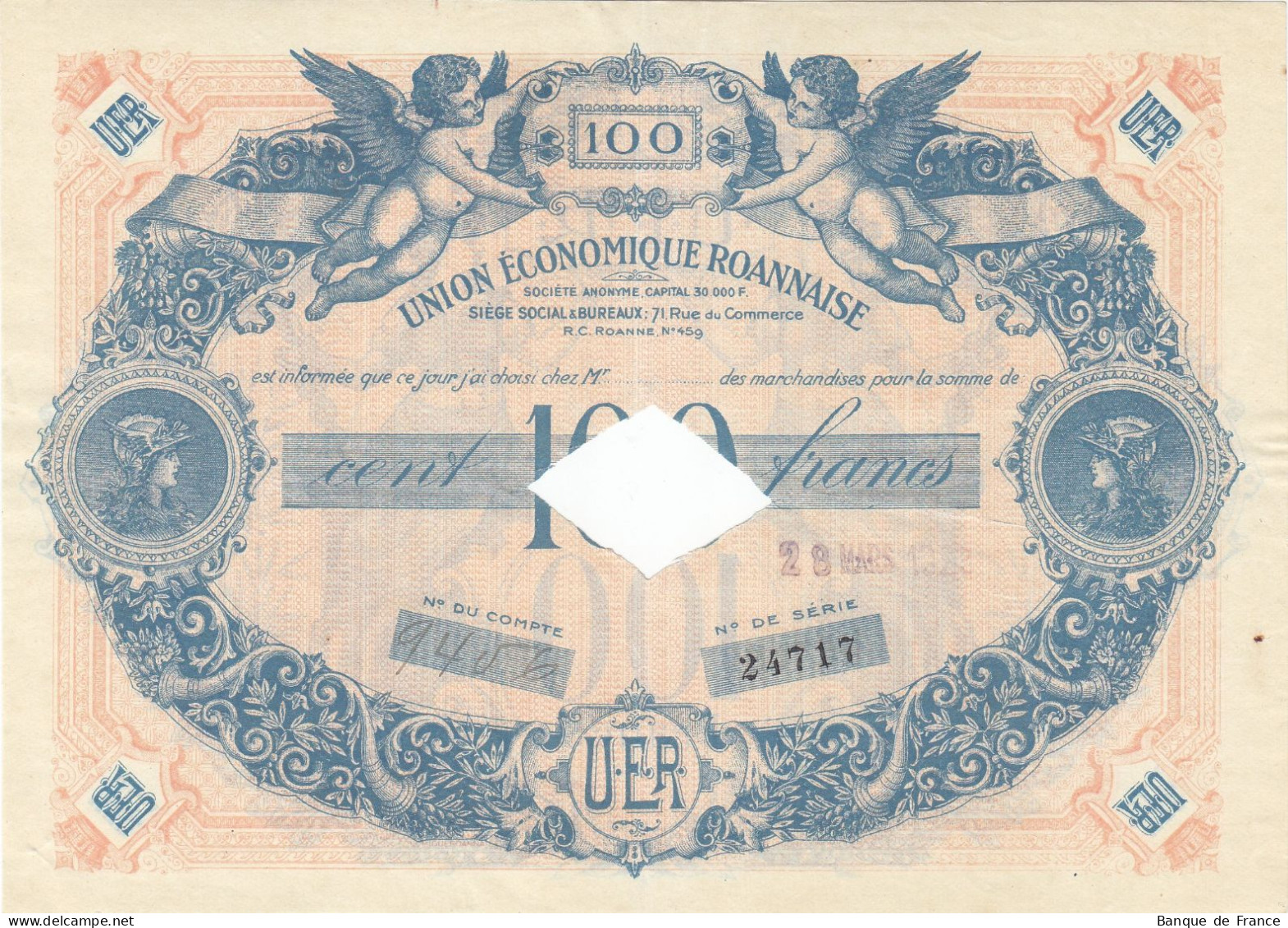 100 F "Annulé" Union économique Roannaise 1929 Type C P/NEUF - Bonds & Basic Needs