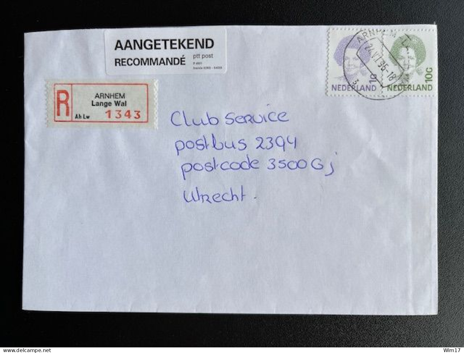 NETHERLANDS 1995 REGISTERED LETTER ARNHEM LANGE WAL TO UTRECHT 24-07-1995 NEDERLAND AANGETEKEND - Covers & Documents