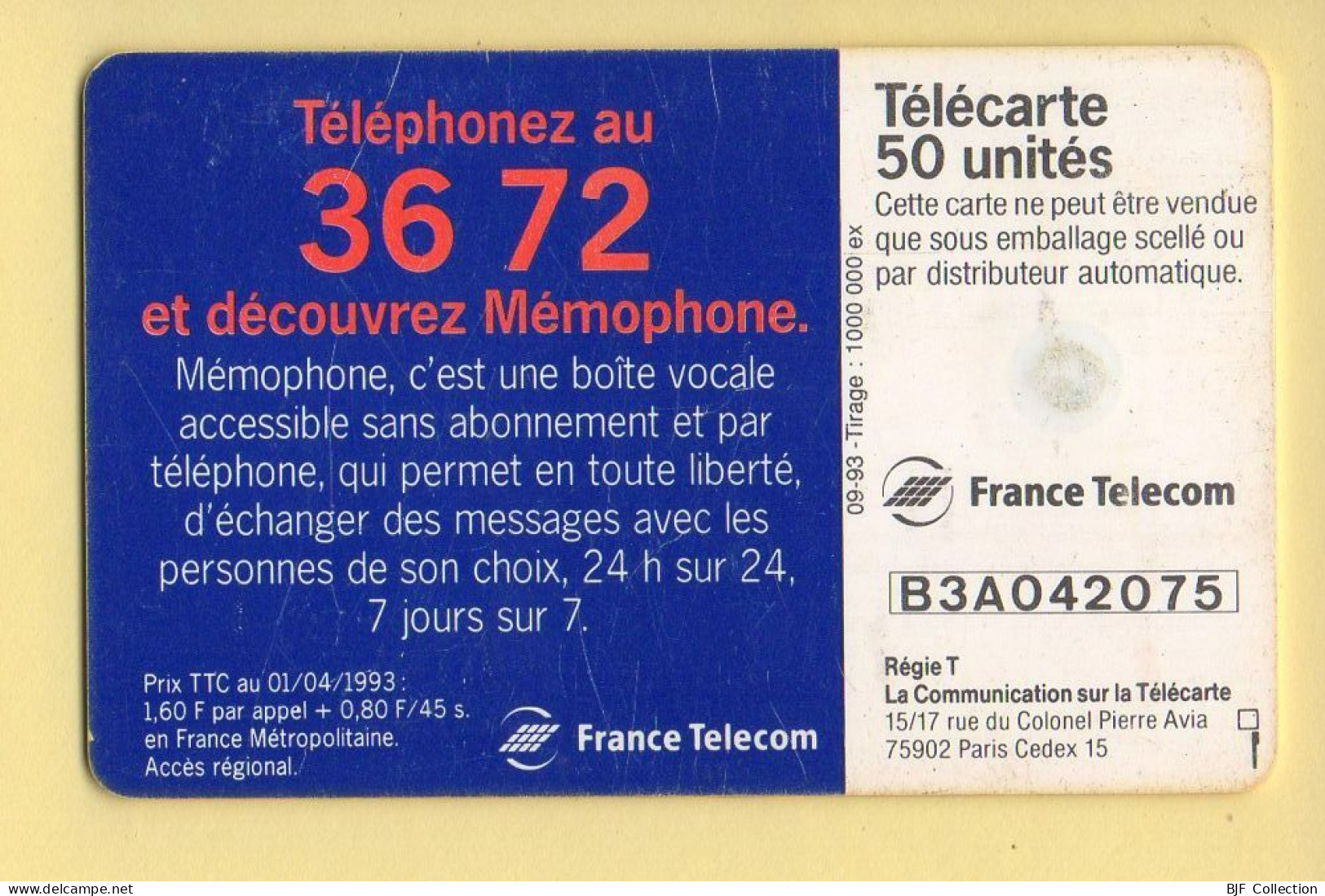 Télécarte 1993 : MEMOPHONE 3672 DUO / 50 Unités / Numéro B3A042075 / 09-93 (voir Puce Et Numéro Au Dos) - 1993