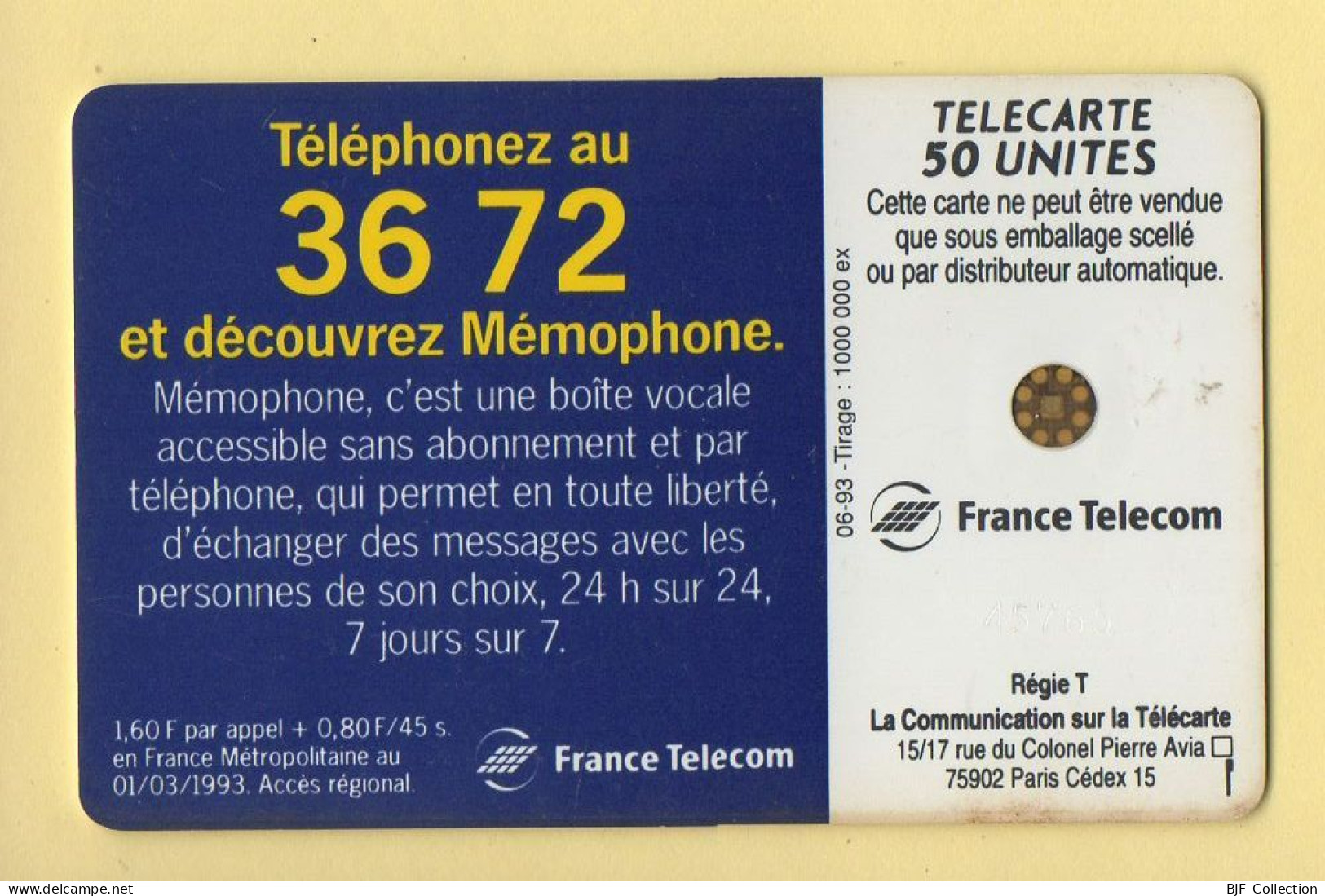 Télécarte 1993 : MEMOPHONE 3672 JAZZ / 50 Unités / Numéro 45765 / 06-93 (voir Puce Et Numéro Au Dos) - 1993