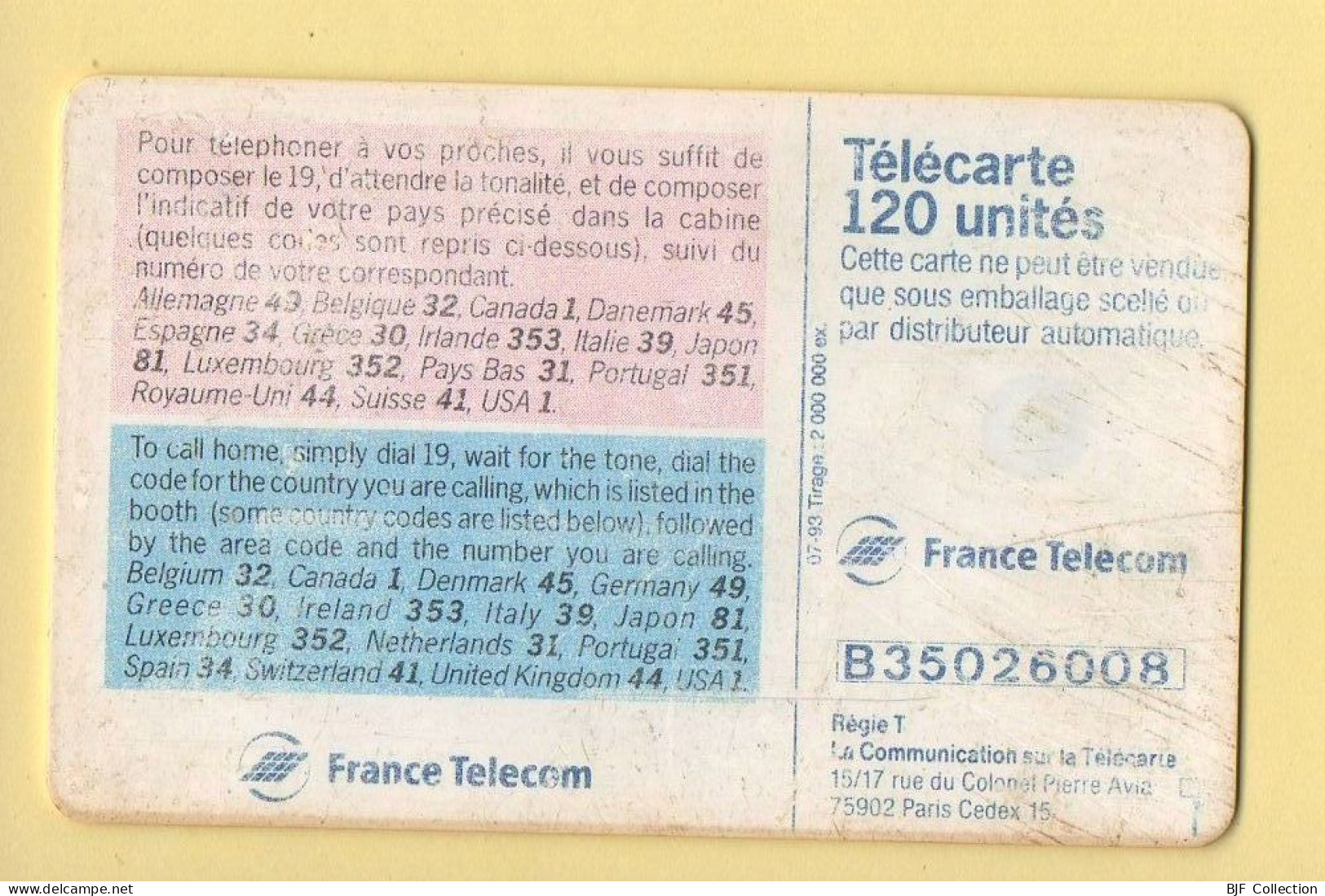 Télécarte 1993 : CALL HOME / 120 Unités / Numéro B35026008 / 07-93 (voir Puce Et Numéro Au Dos) - 1993