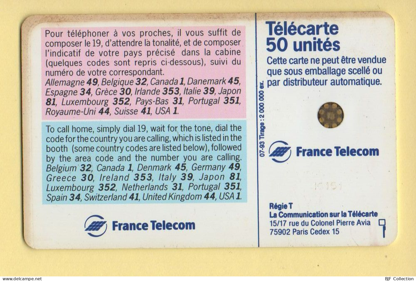 Télécarte 1993 : CALL HOME / 50 Unités / Numéro 46151 / 07-93 (voir Puce Et Numéro Au Dos) - 1993