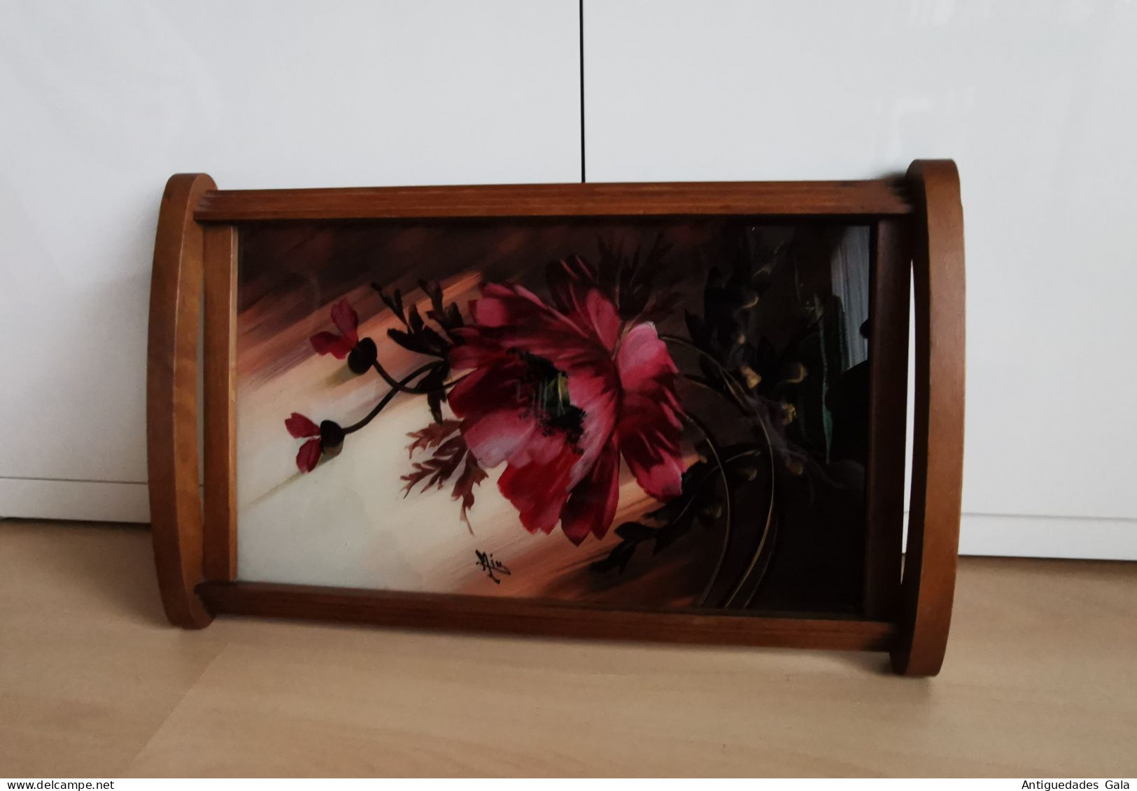 BANDEJA ART DECO DE MADERA Y CRISTAL DECORADO CON AMAPOLAS - Jugendstil / Art Déco