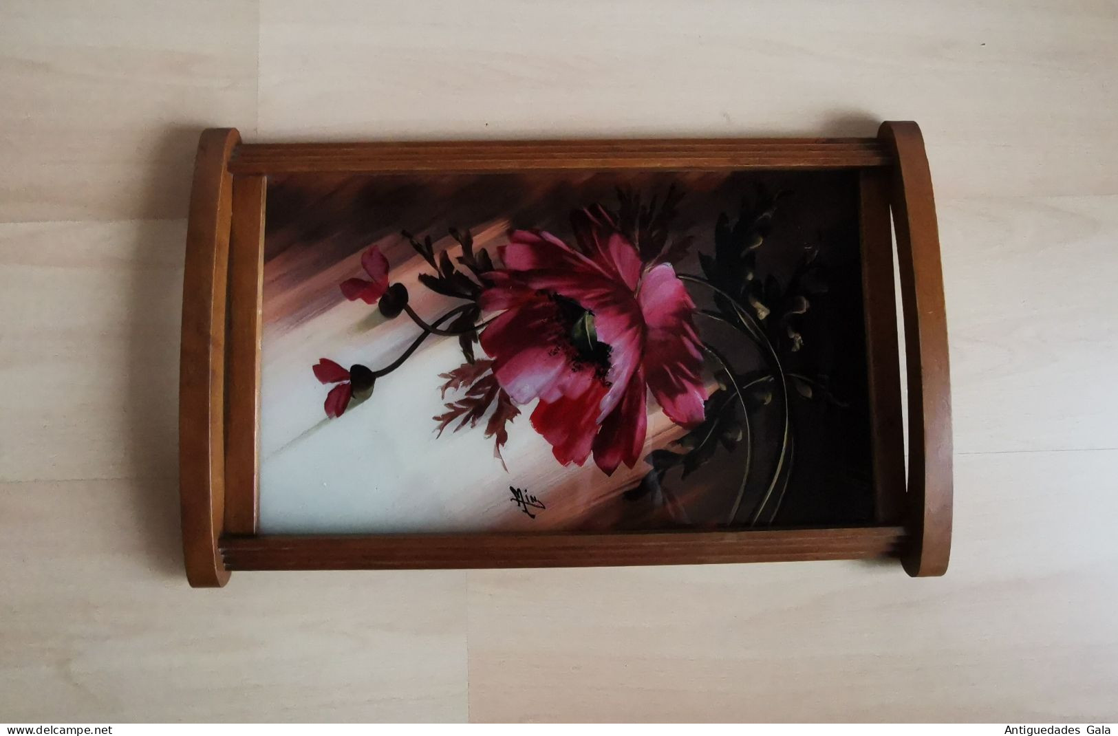 BANDEJA ART DECO DE MADERA Y CRISTAL DECORADO CON AMAPOLAS - Jugendstil / Art Déco