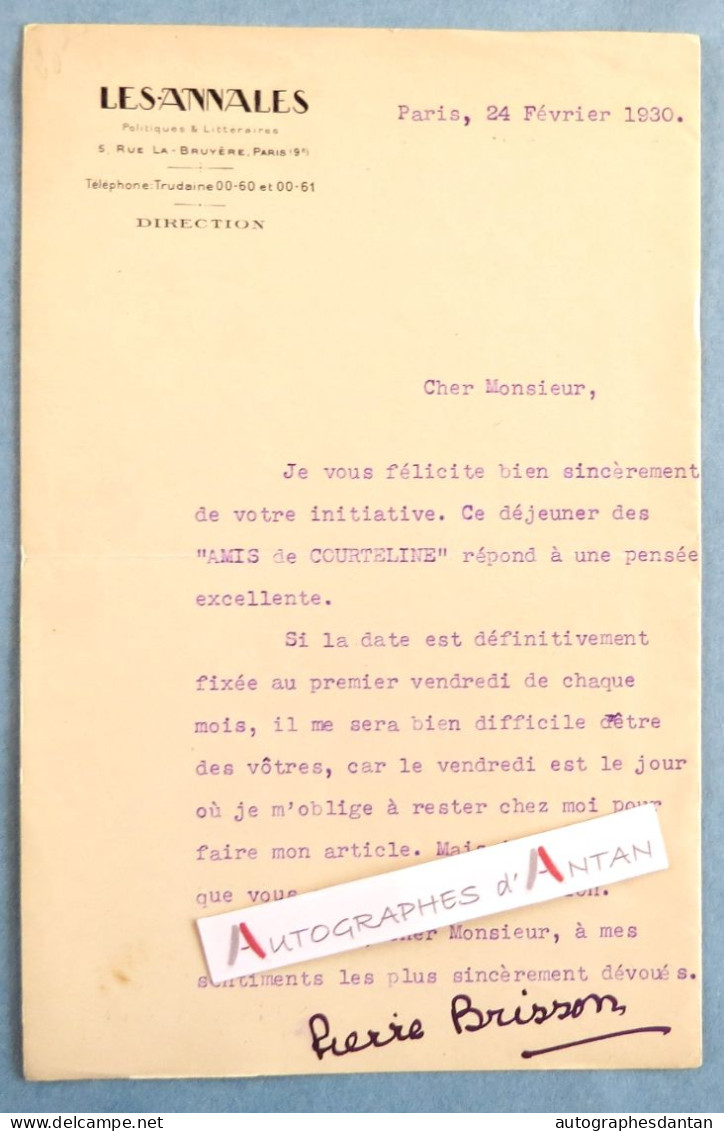 ● Pierre BRISSON Journaliste Les Annales - Les Amis De COURTELINE - Lettre Tapuscrite 1930 - Autographe - Schrijvers