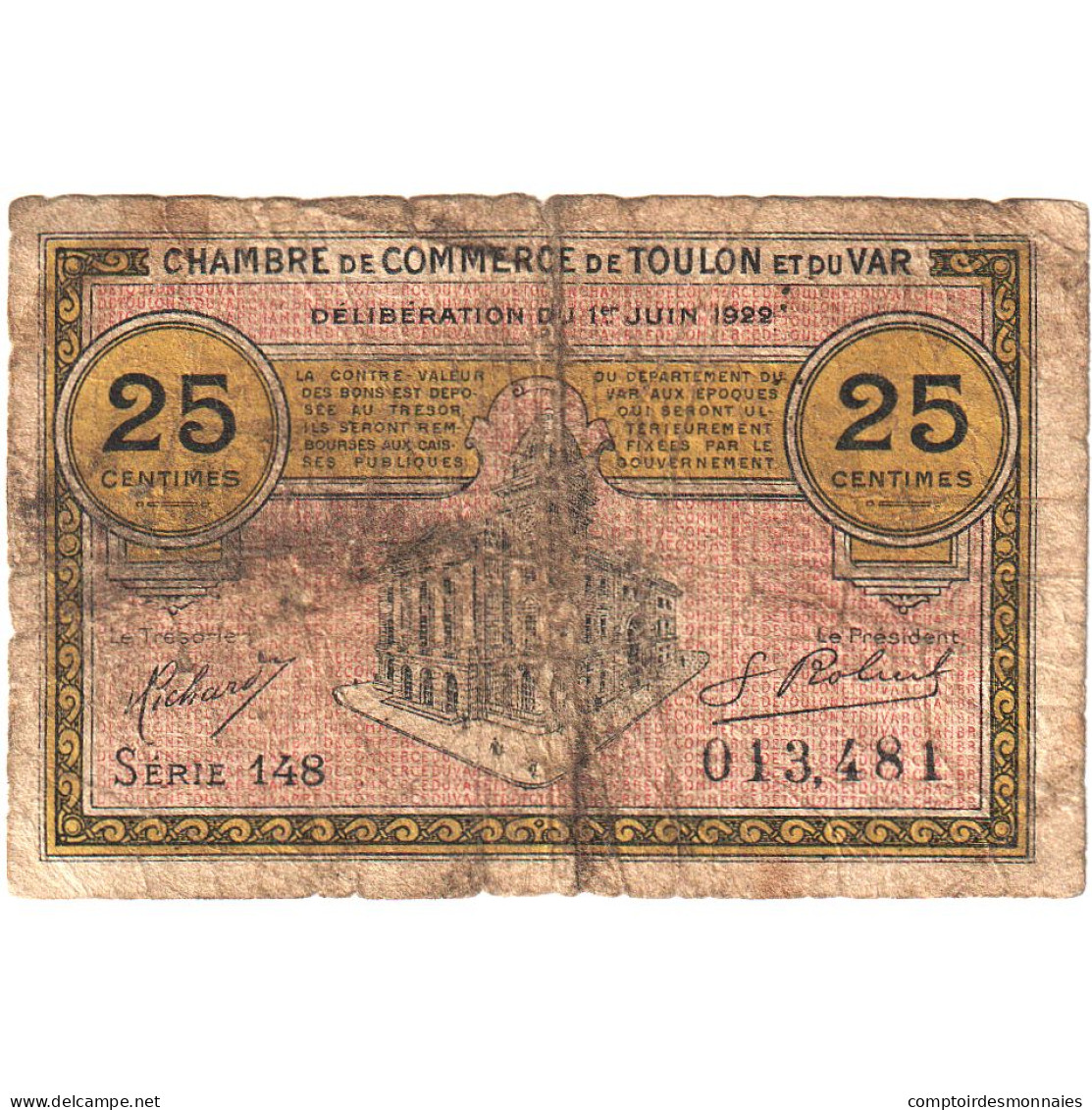 France, Toulon, 25 Centimes, 1922, TB, Pirot:121-34 - Handelskammer