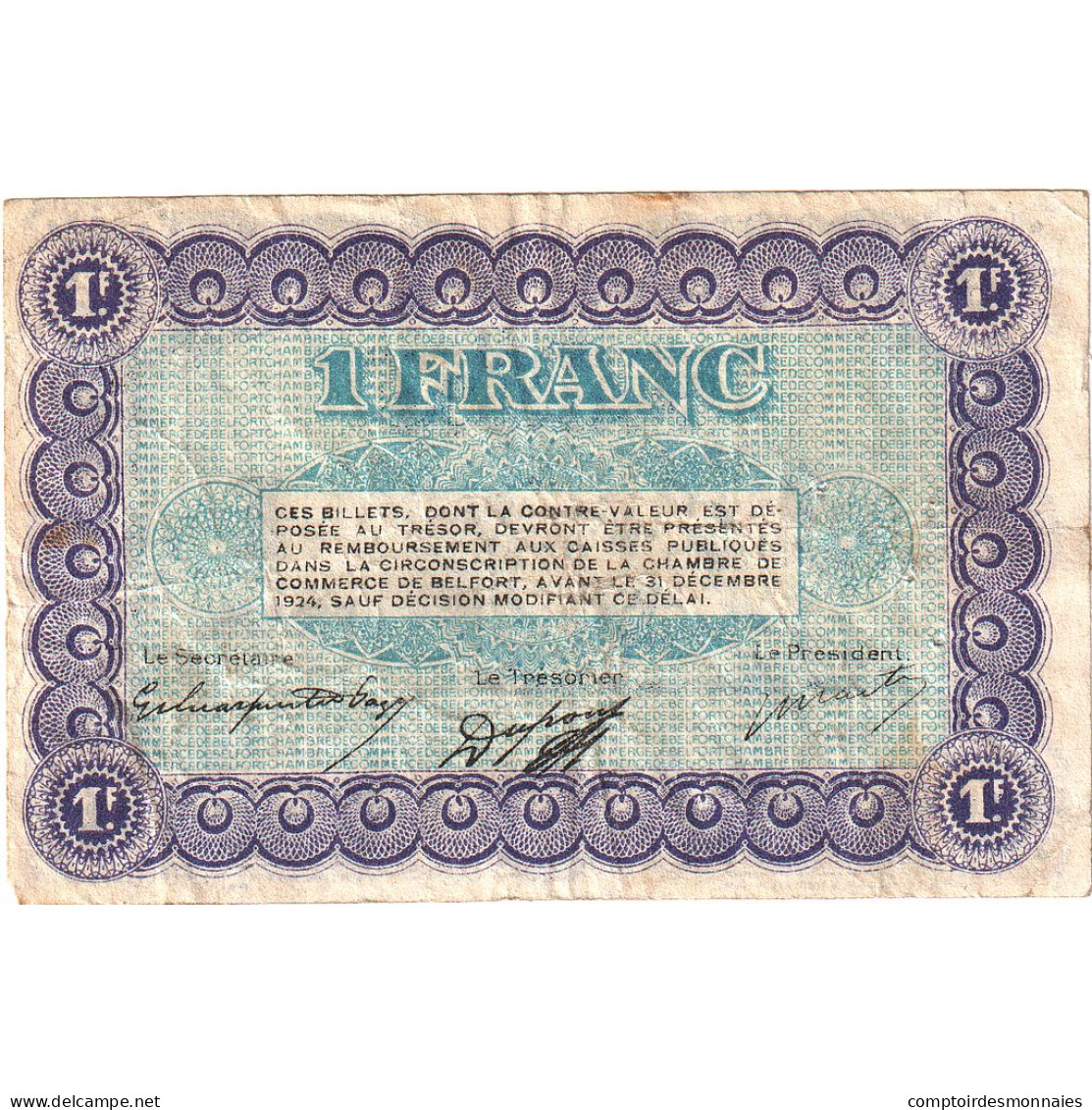 France, Belfort, 1 Franc, 1921, TB, Pirot:23-54 - Handelskammer