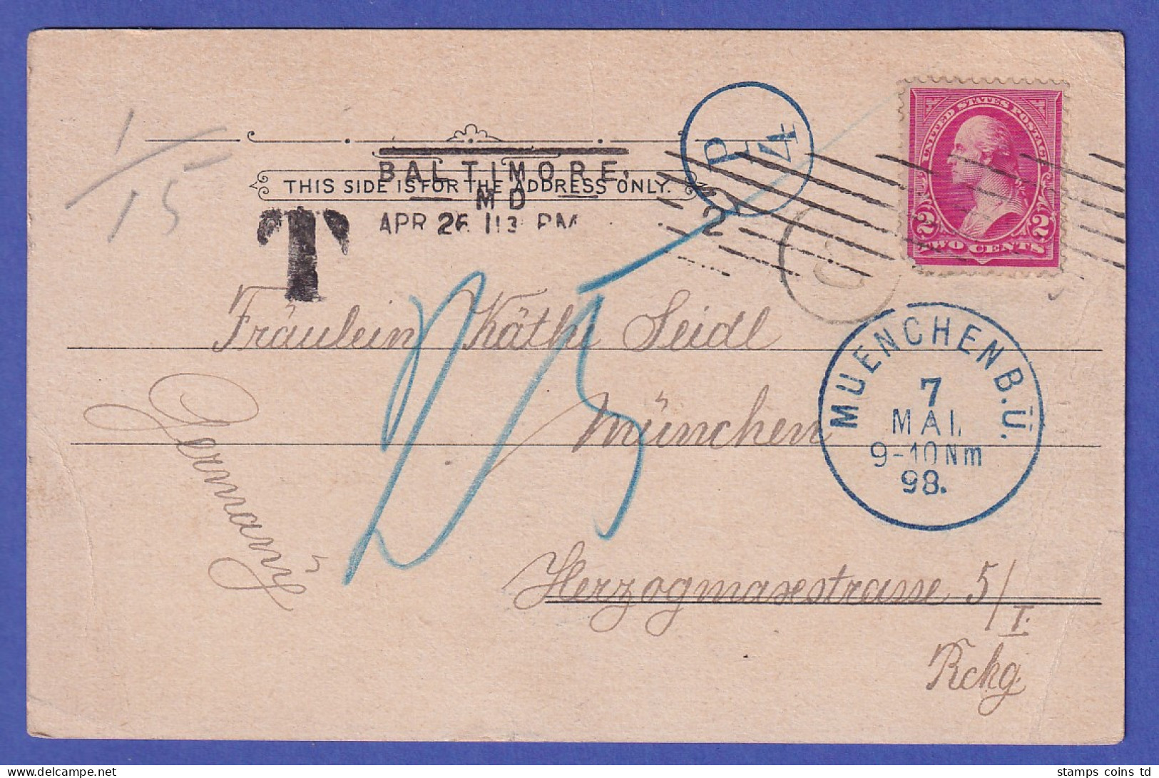 USA 1898 AK Baltimore Stadtmotive, Schiff Gel. Nach München, Dort Nachtaxiert - Other & Unclassified