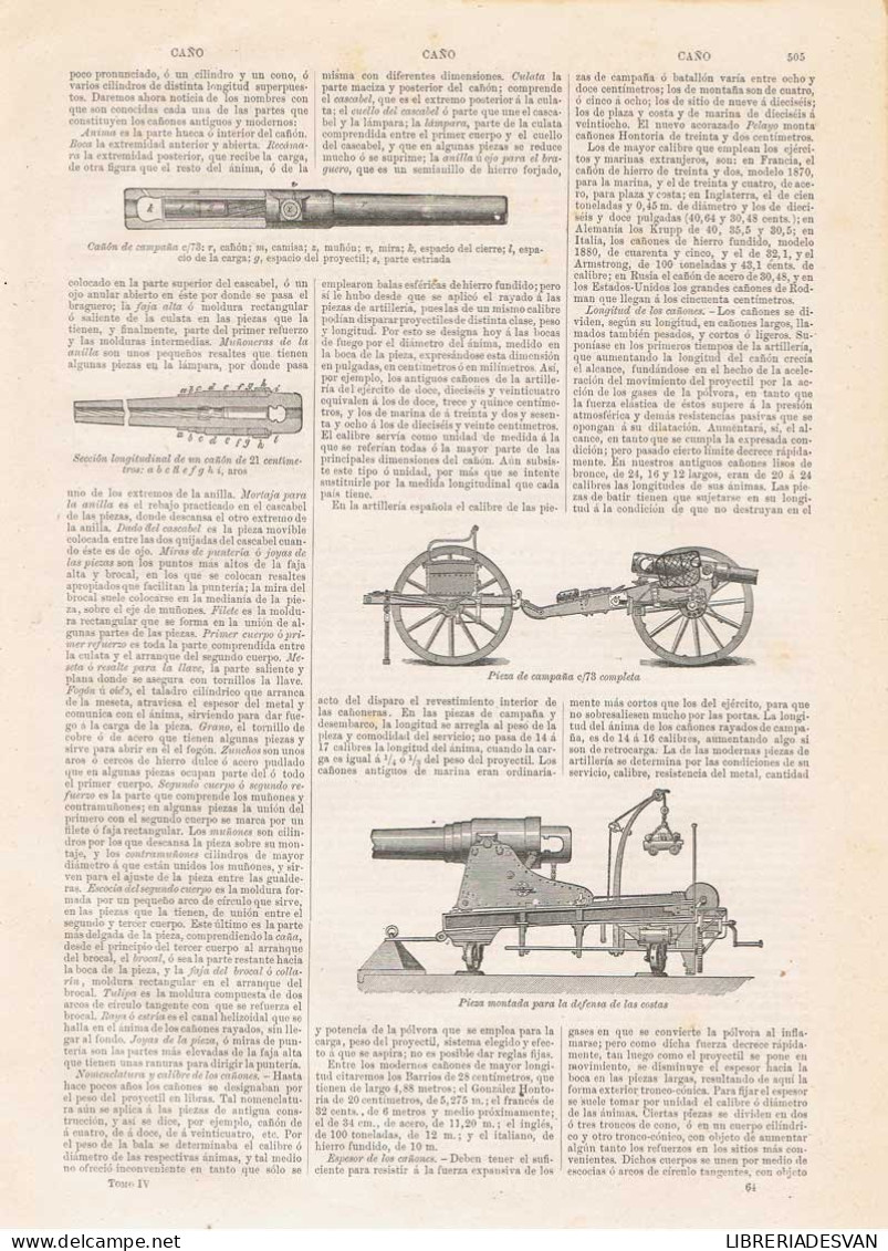 Lámina Cañones De Artillería. Piezas. Diccionario Enciclopédico Hispano-Americano 1888 - Autres & Non Classés