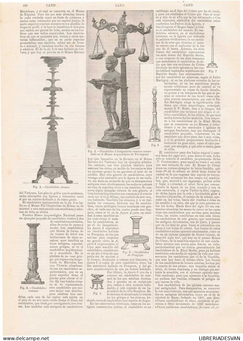 Lámina Candelabros. Diccionario Enciclopédico Hispano-Americano 1888 - Otros & Sin Clasificación