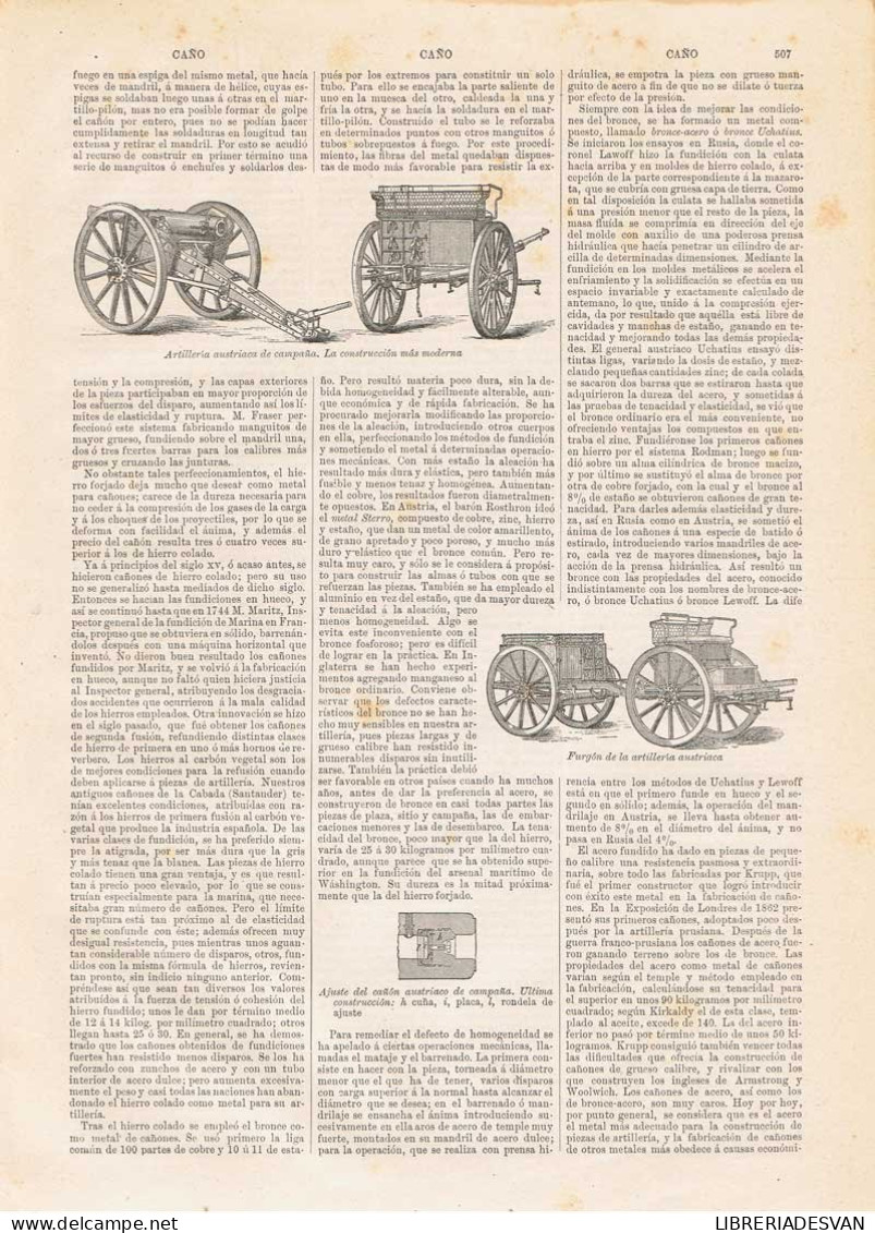 Lámina Cañones De Artillería. Diccionario Enciclopédico Hispano-Americano 1888 - Autres & Non Classés
