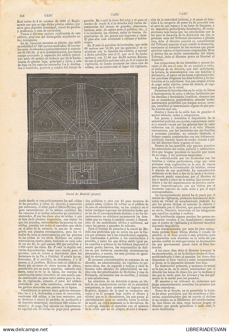 Lámina Planta Cárcel De Madrid. Diccionario Enciclopédico Hispano-Americano 1888 - Sonstige & Ohne Zuordnung