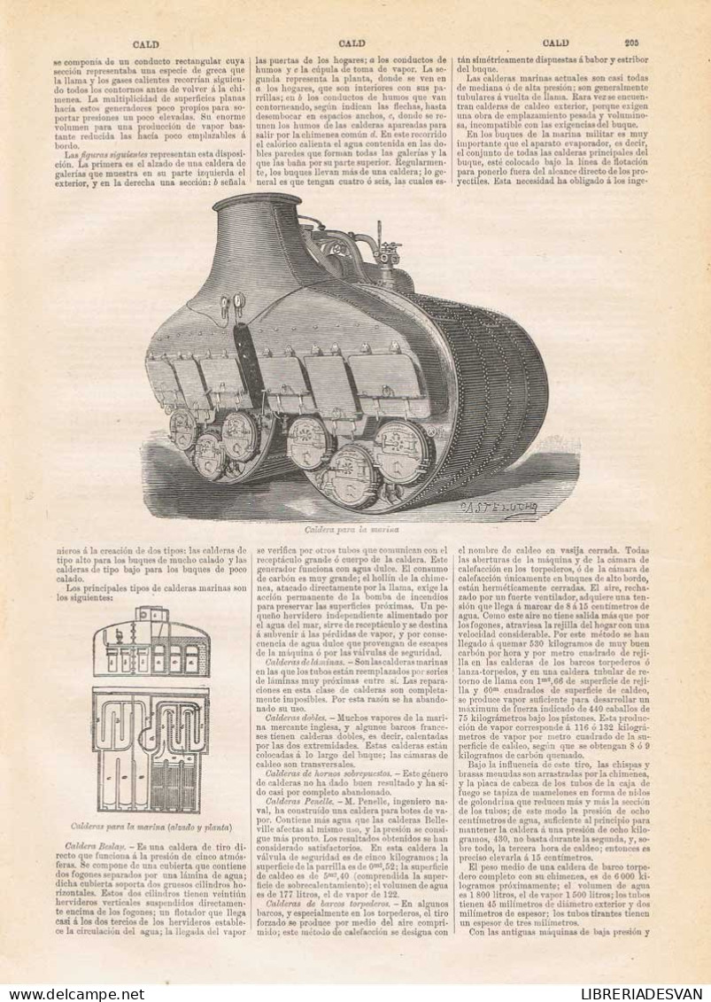 Lámina Caldera Para La Marina. Planos. Diccionario Enciclopédico Hispano-Americano 1888 - Sonstige & Ohne Zuordnung