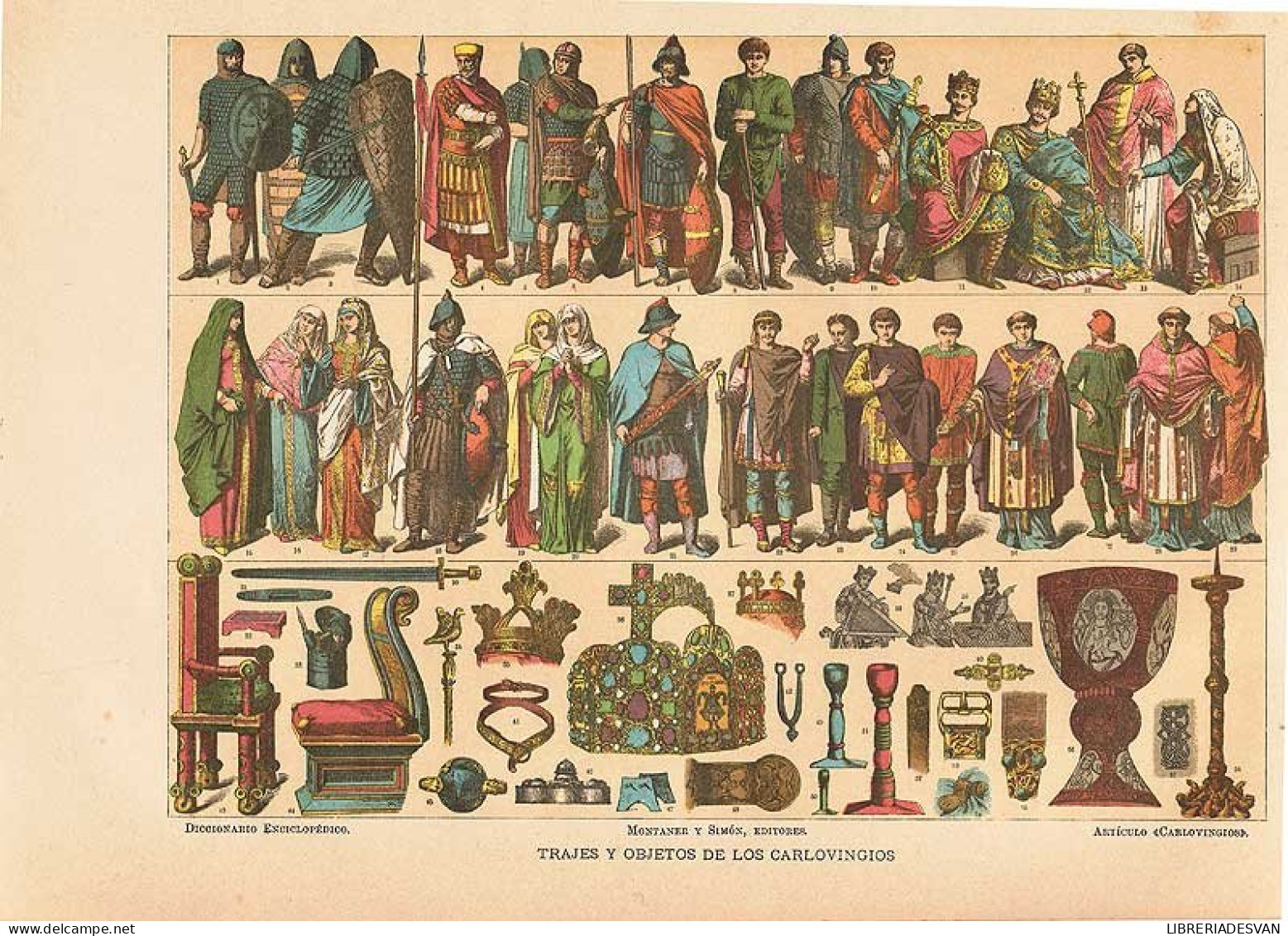 Lámina Trajes Y Objetos De Los Carlovingios. Diccionario Enciclopédico Hispano-Americano 1888 - Sonstige & Ohne Zuordnung