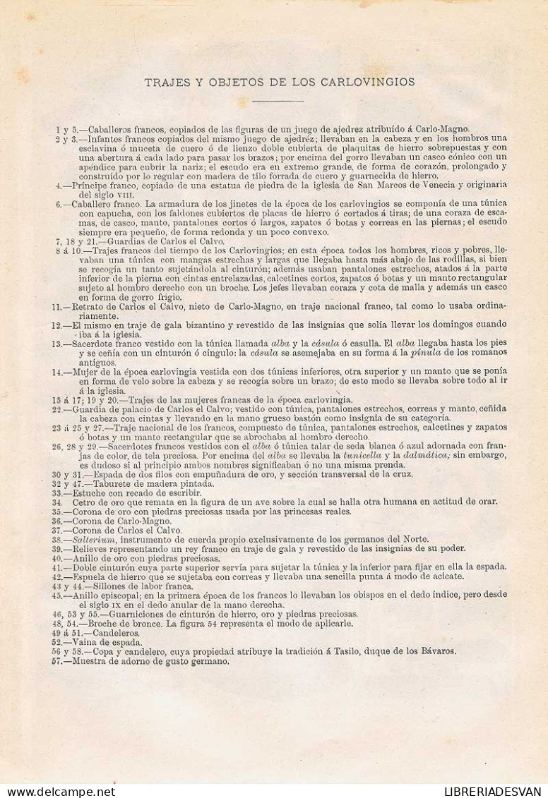 Lámina Trajes Y Objetos De Los Carlovingios. Diccionario Enciclopédico Hispano-Americano 1888 - Otros & Sin Clasificación