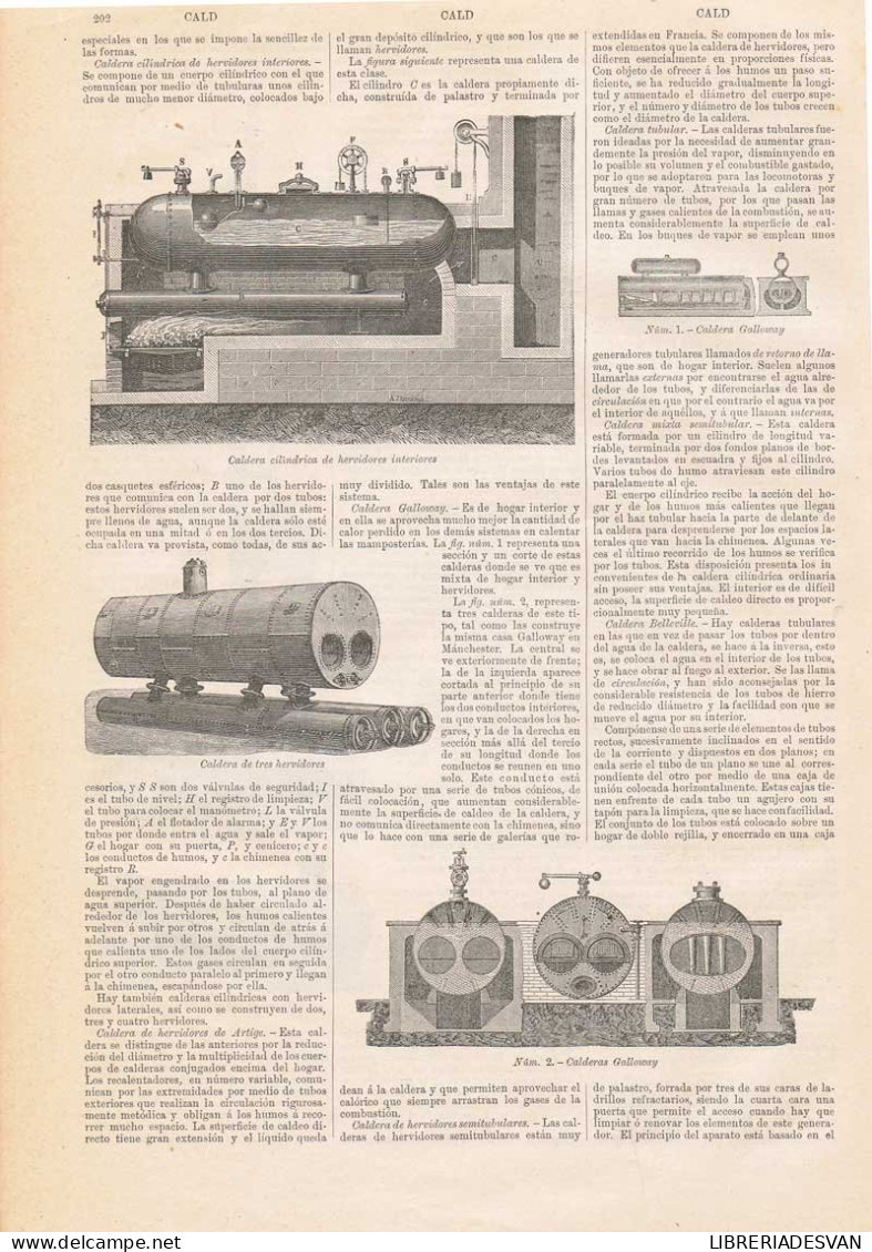 Lámina Calderas. Diccionario Enciclopédico Hispano-Americano 1888 - Autres & Non Classés