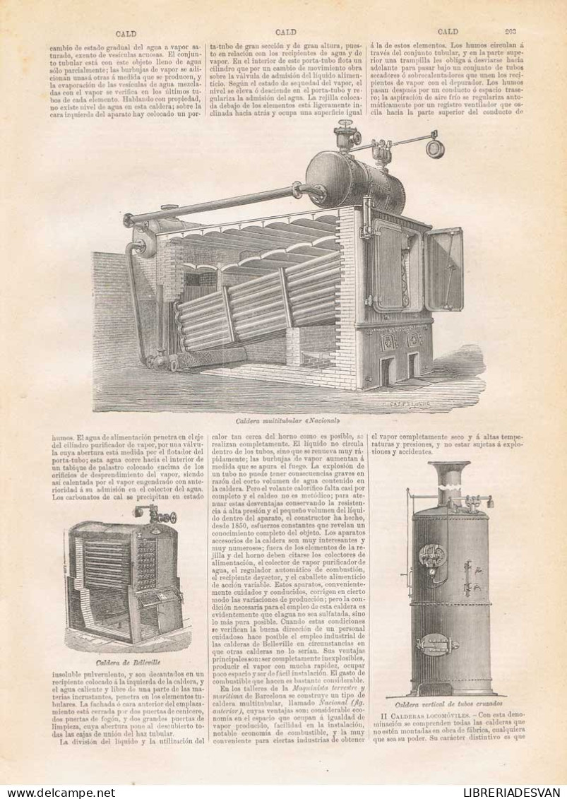 Lámina Calderas. Planos. Diccionario Enciclopédico Hispano-Americano 1888 - Andere & Zonder Classificatie