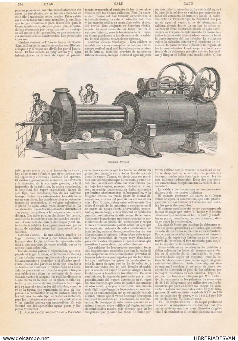 Lámina Calderas. Planos. Diccionario Enciclopédico Hispano-Americano 1888 - Other & Unclassified